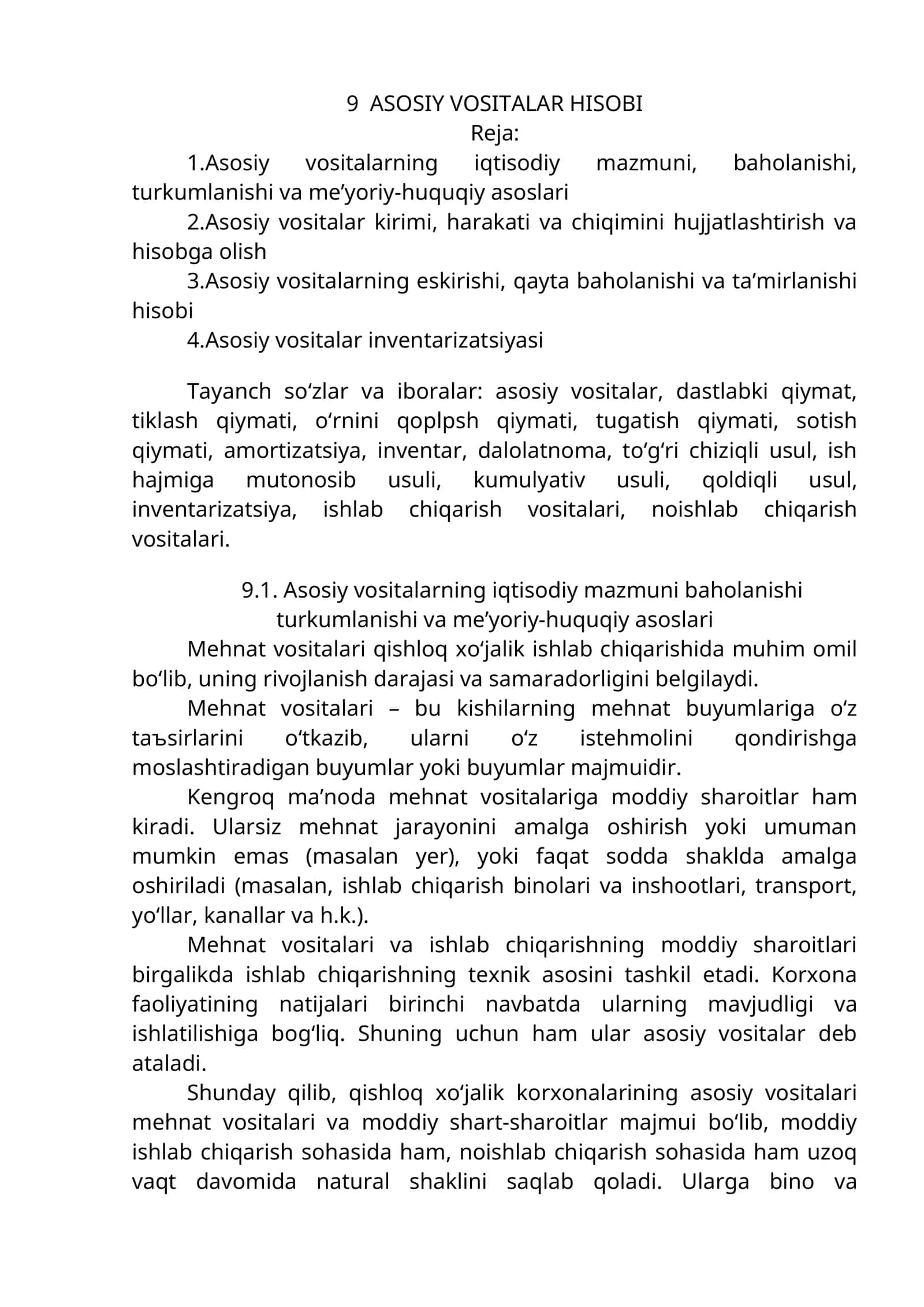 9 ASOSIY VOSITALAR HISOBI