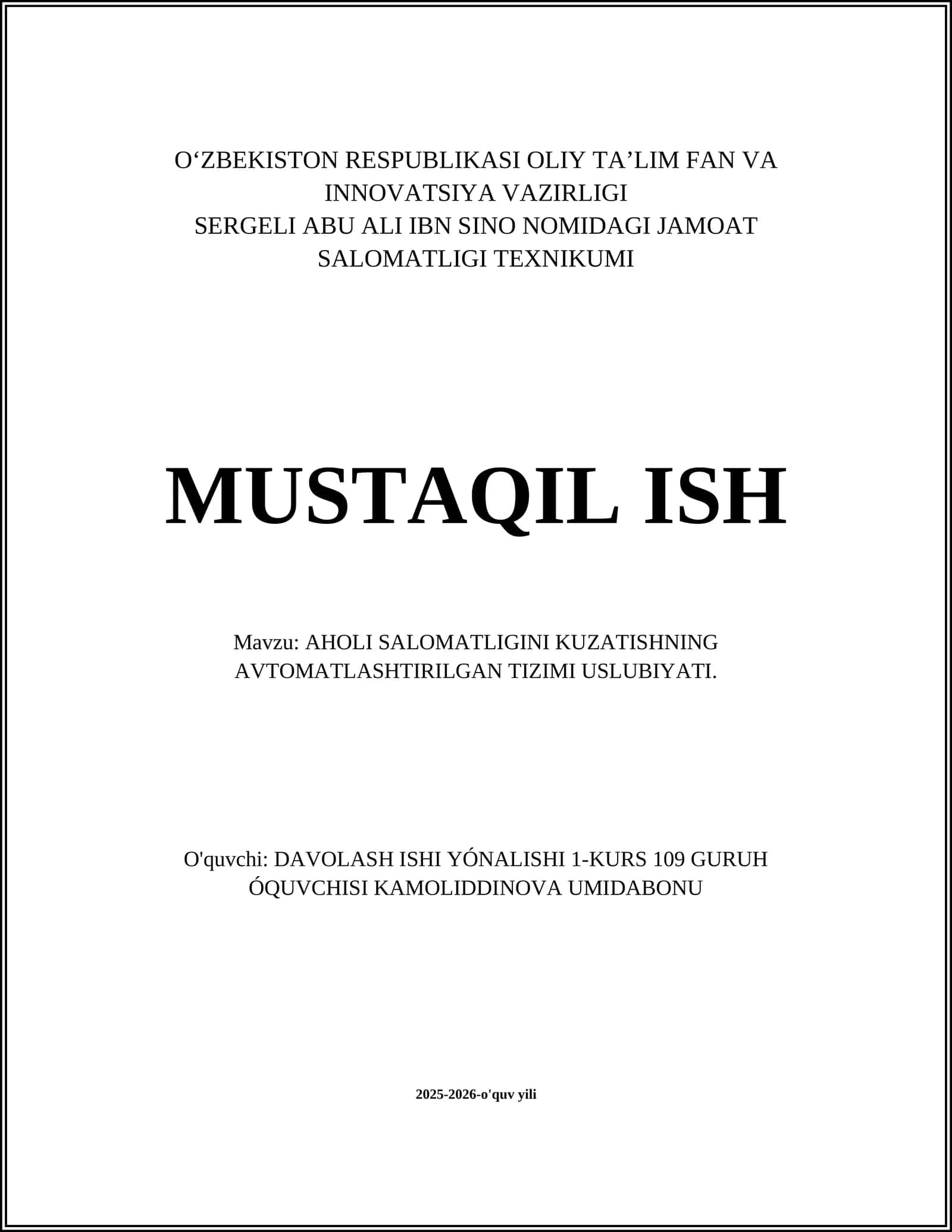 Aholi salomatligini kuzatishning avtomatlashtirilgan tizimi