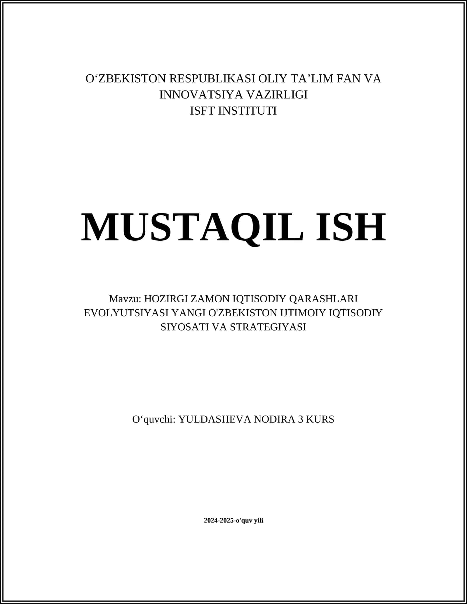 HOZIRGI ZAMON IQTISODIY QARASHLARI EVOLYUTSIYASI YANGI O'ZBEKISTON IJTIMOIY IQTISODIY SIYOSATI VA STRATEGIYASI