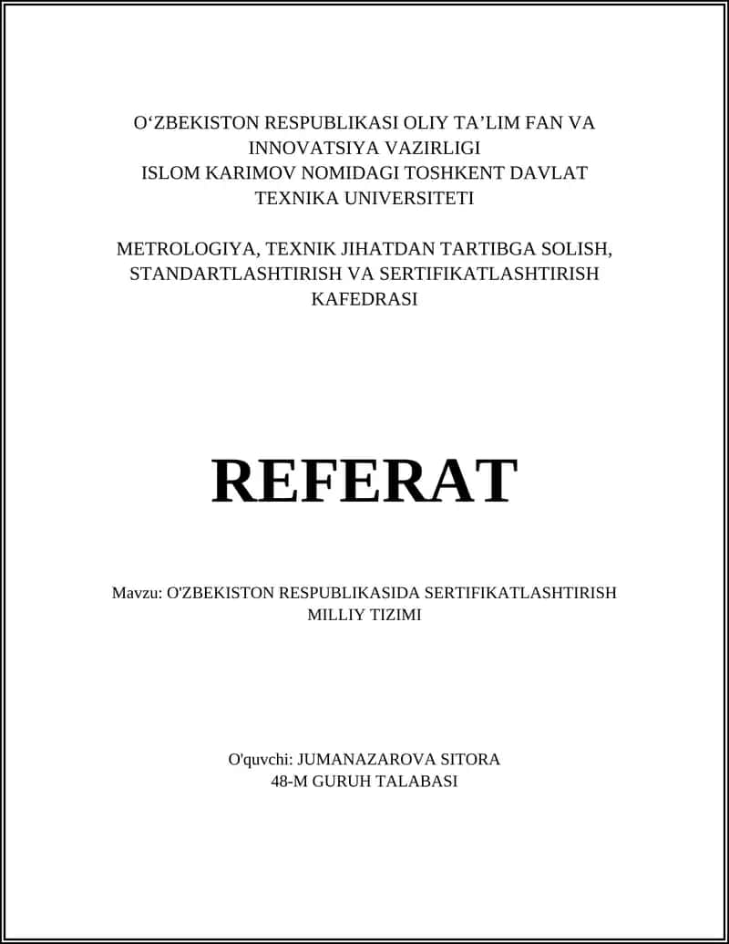O'ZBEKISTON RESPUBLIKASIDA SERTIFIKATLASHTIRISH MILLIY TIZIMI