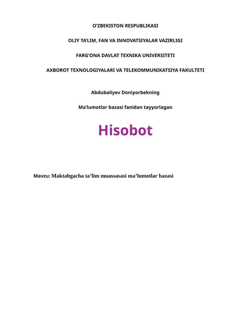 Ma’lumotlar bazasi fanidan tayyorlagan Hisobot