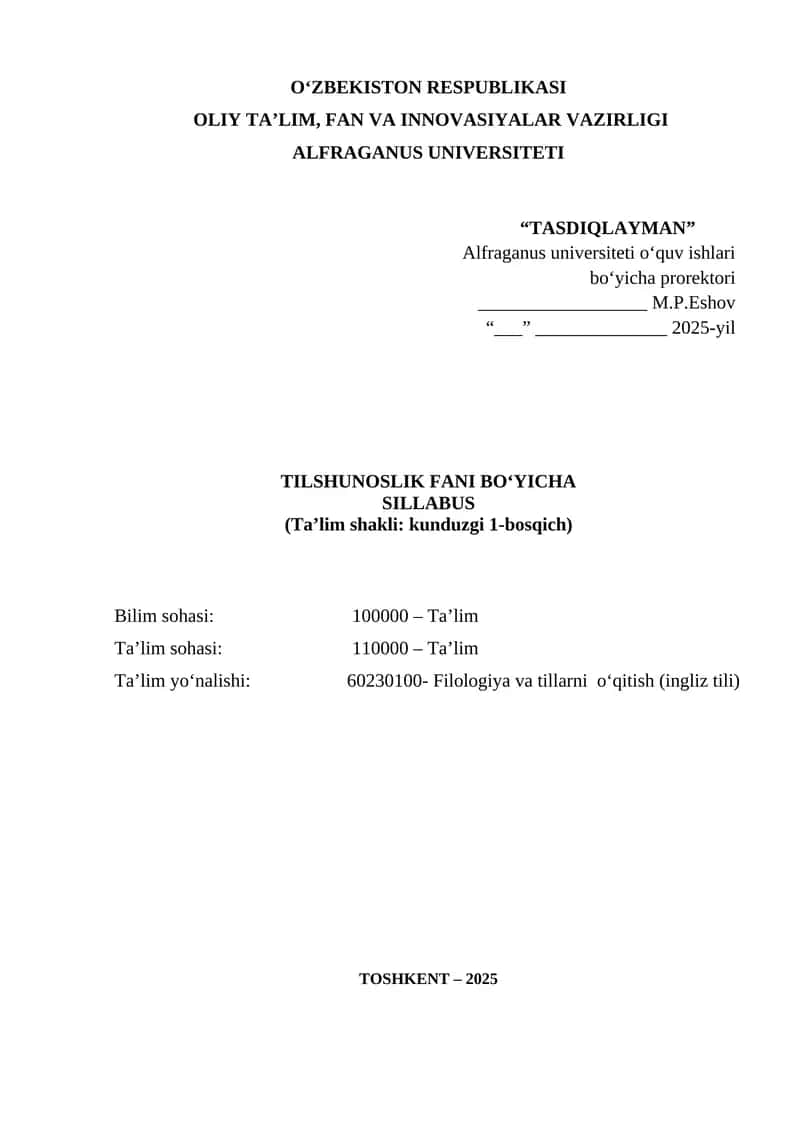 TILSHUNOSLIK FANI BO‘YICHA SILLABUS