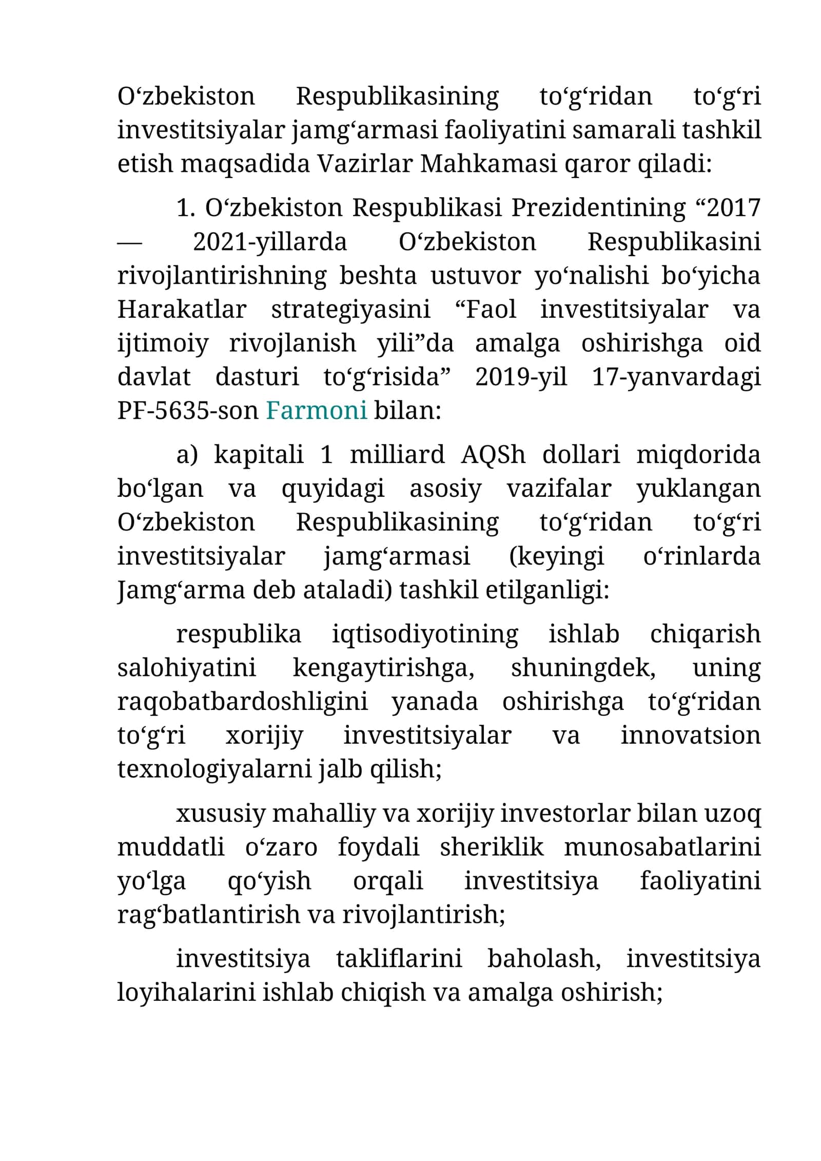 O‘zbekiston Respublikasi Prezidentining Harakatlar strategiyasi farmoni