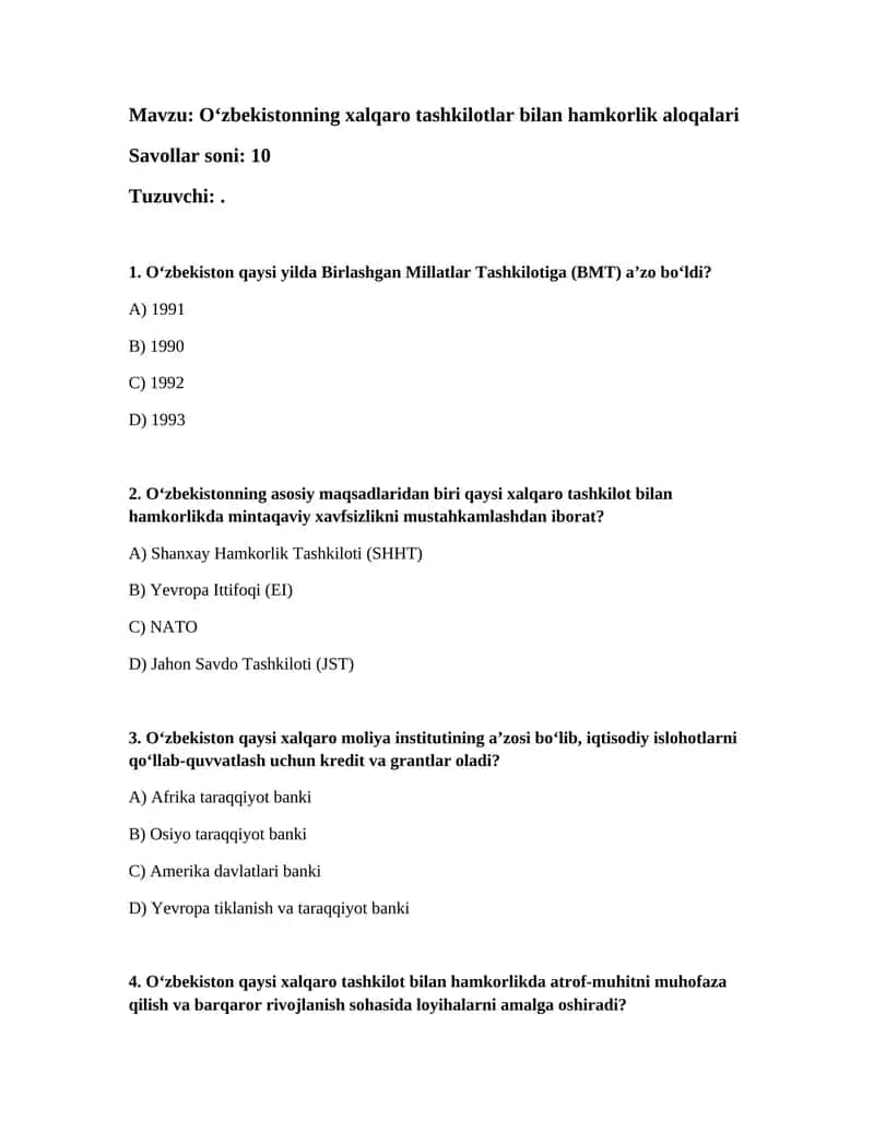 Oʻzbekistonning xalqaro tashkilotlar bilan hamkorlik aloqalari