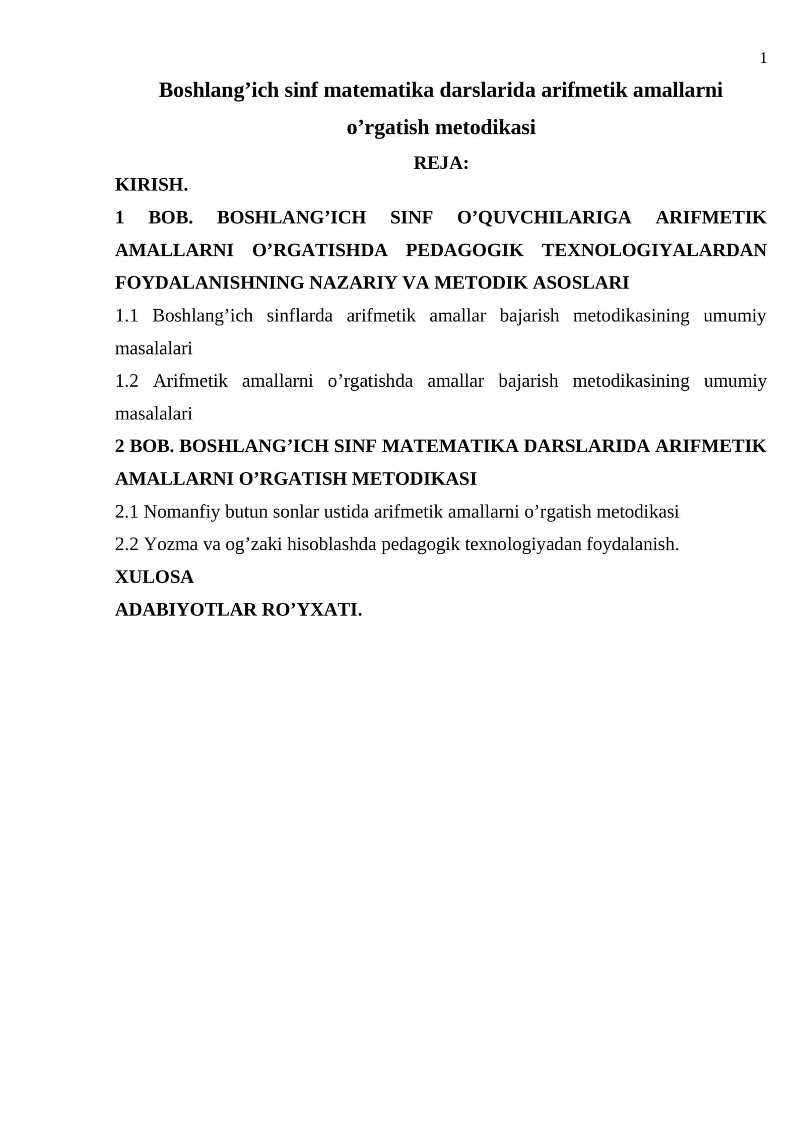 Boshlang’ich sinf matematika darslarida arifmetik amallarni o’rgatish metodikasi