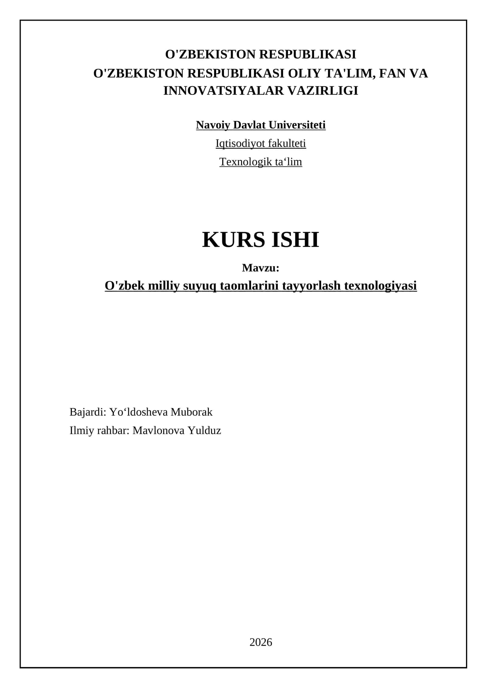 O'zbek milliy suyuq taomlarini tayyorlash texnologiyasi