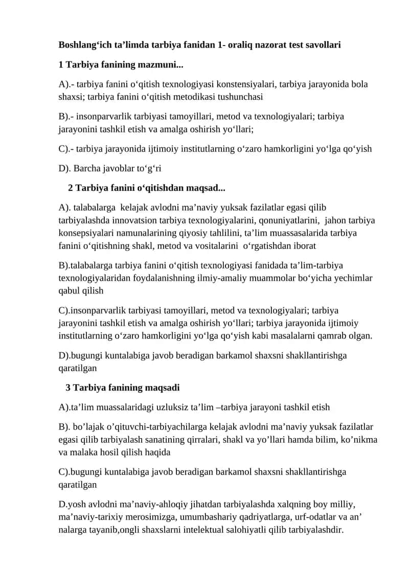 Boshlang‘ich ta’limda tarbiya fanidan 1- oraliq nazorat test savollari