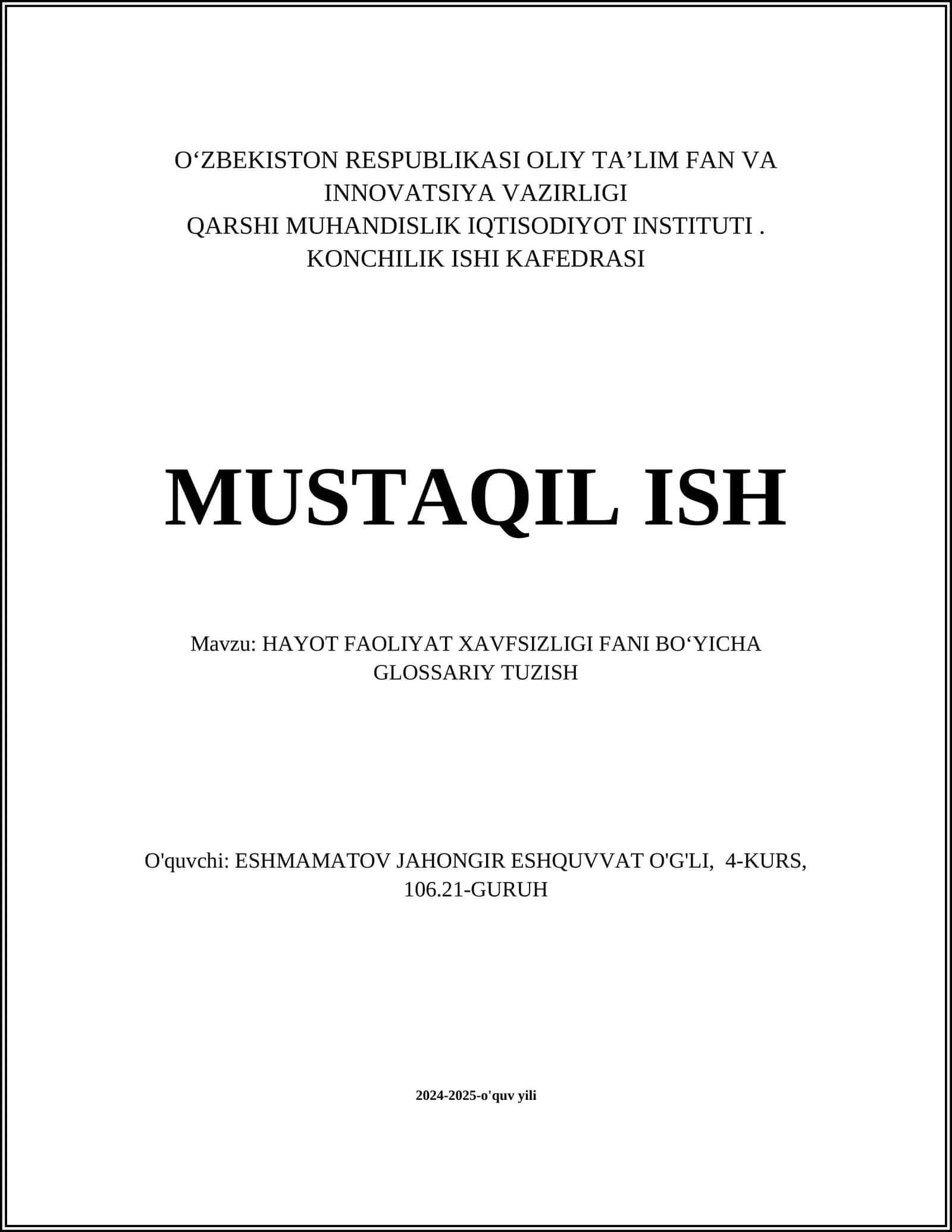 HAYOT FAOLIYAT XAVFSIZLIGI FANI BO‘YICHA GLOSSARIY TUZISH