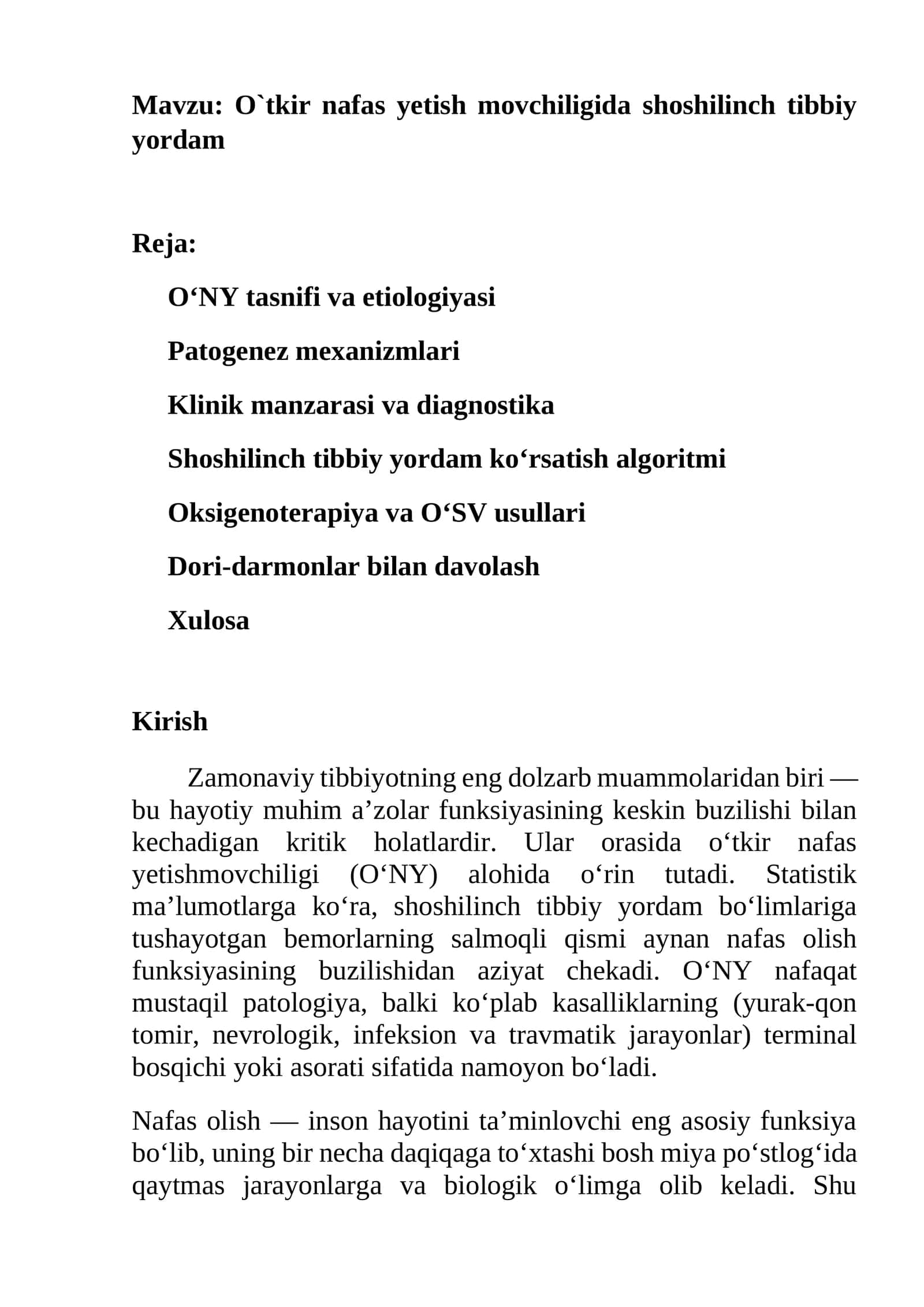O`tkir nafas yetish movchiligida shoshilinch tibbiy yordam