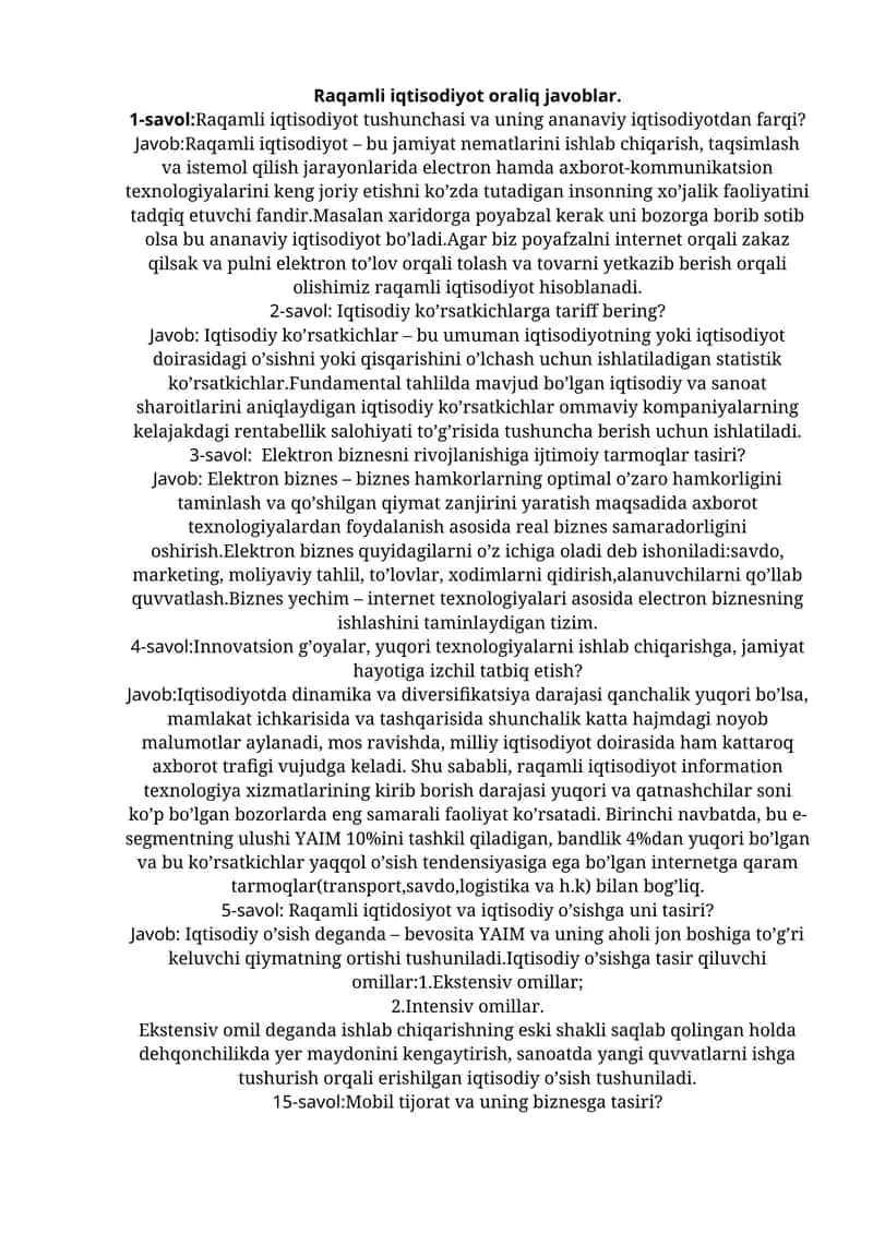 Raqamli iqtisodiyot oraliq javoblar