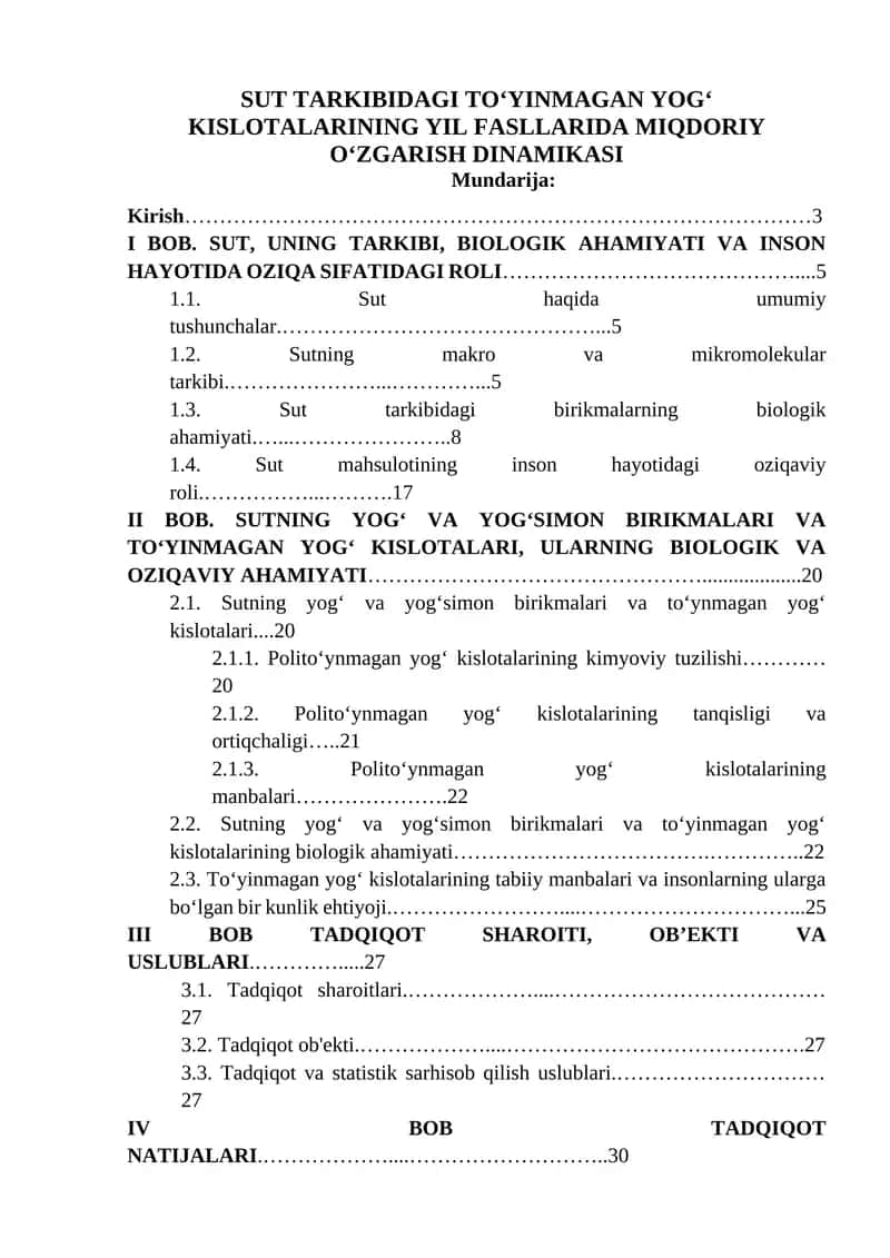 SUT TARKIBIDAGI TO‘YINMAGAN YOG‘ KISLOTALARINING YIL FASLLARIDA MIQDORIY O‘ZGARISH DINAMIKASI
