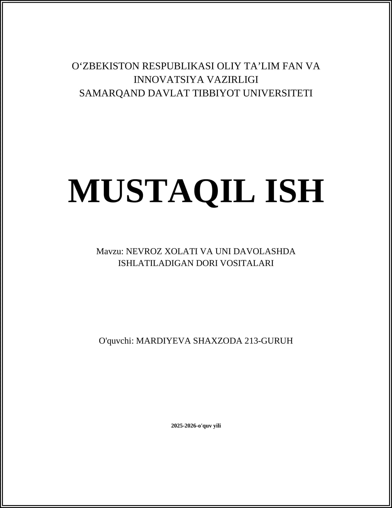 NEVROZ XOLATI VA UNI DAVOLASHDA ISHLATILADIGAN DORI VOSITALARI