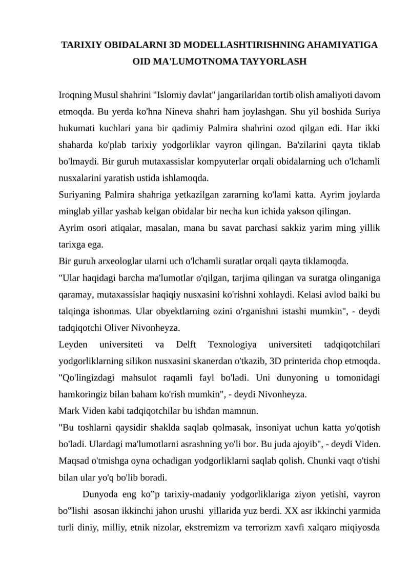 TARIXIY OBIDALARNI 3D MODELLASHTIRISHNING AHAMIYATIGA OID MA'LUMOTNOMA TAYYORLASH