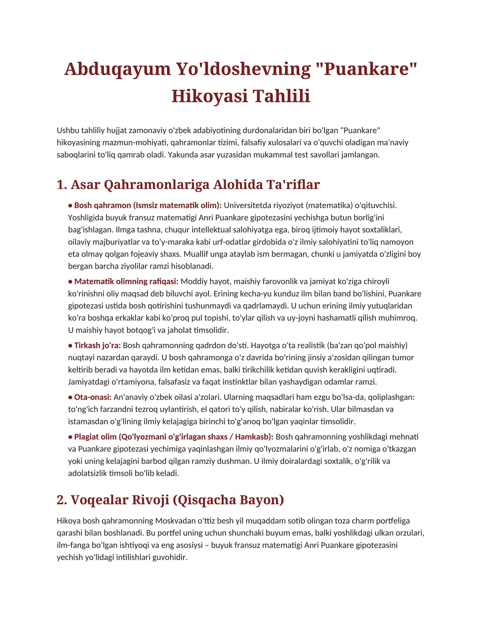 Puankare Hikoyasi Tahlili