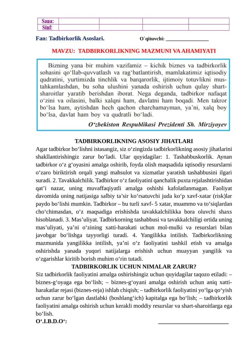 Tadbirkorlikning Mazmuni va Ahmiyati