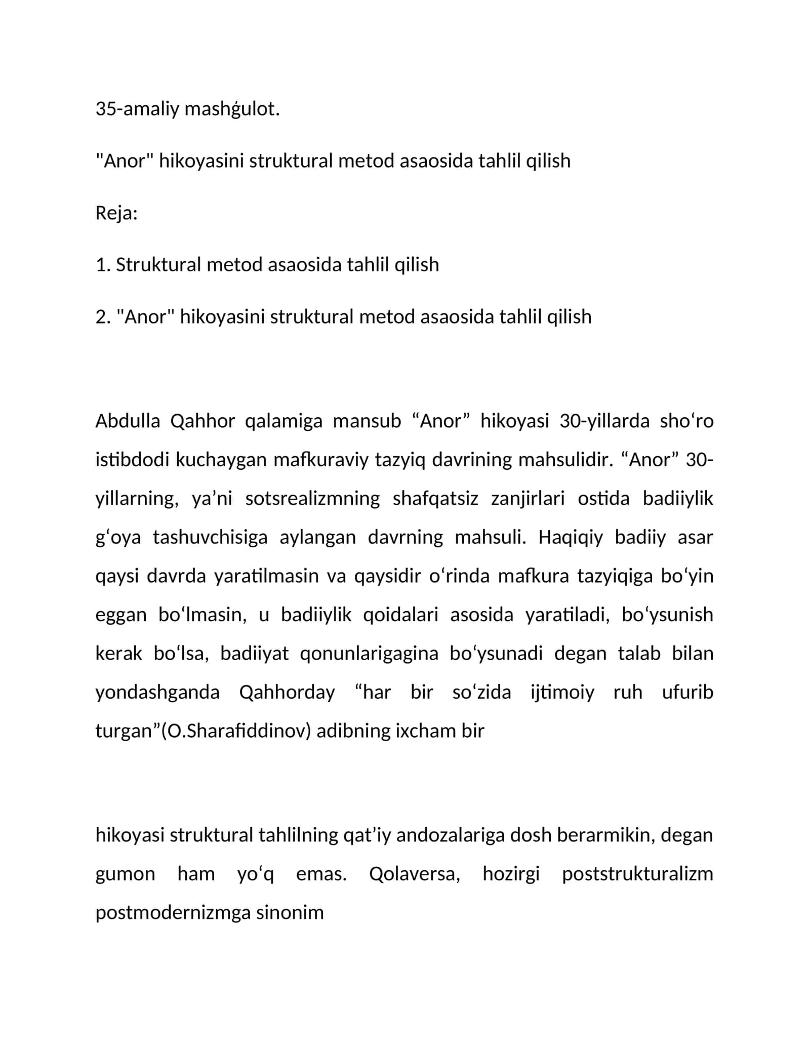 "Anor" hikoyasini struktural metod asaosida tahlil qilish