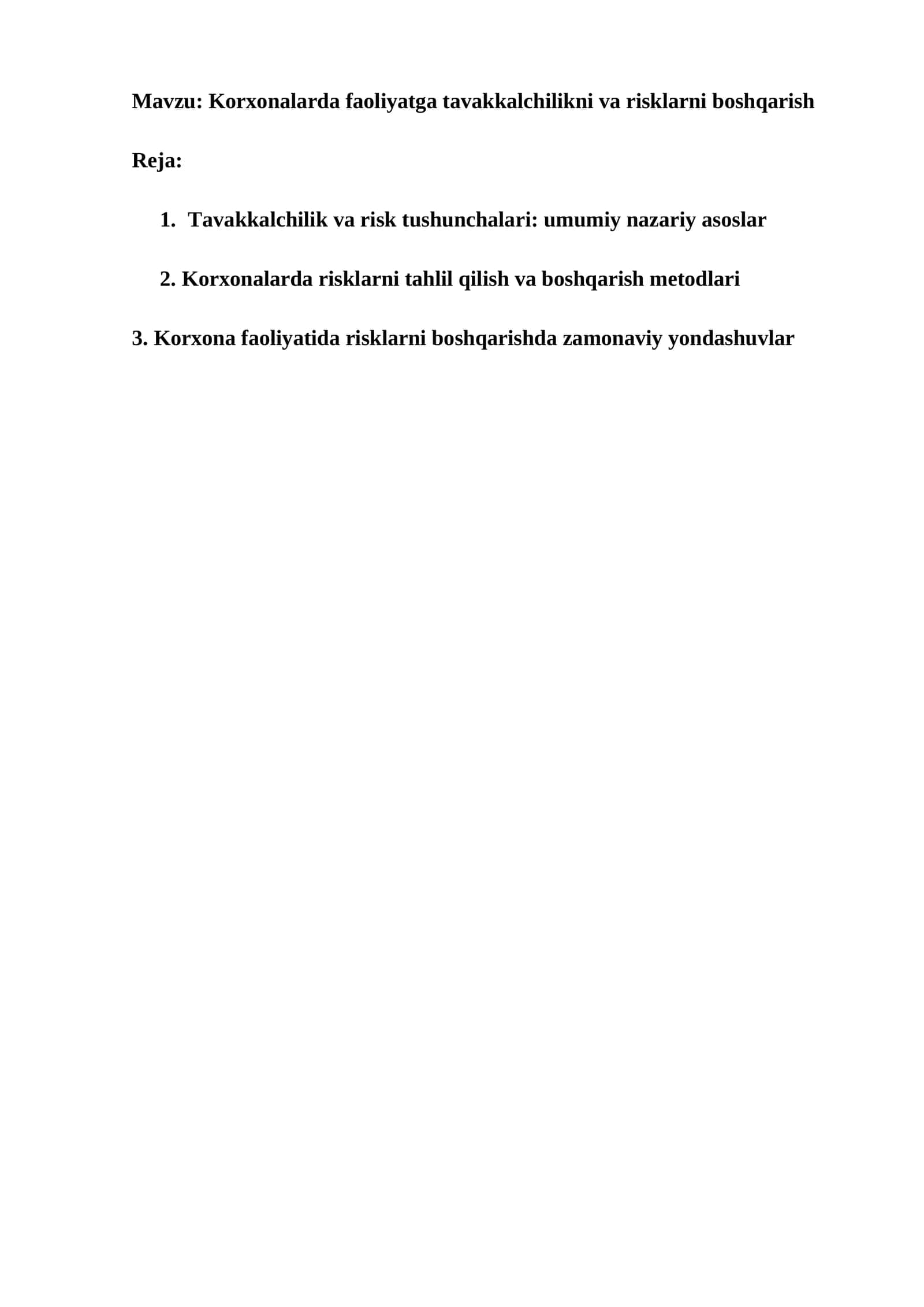 Korxonalarda faoliyatga tavakkalchilikni va risklarni boshqarish