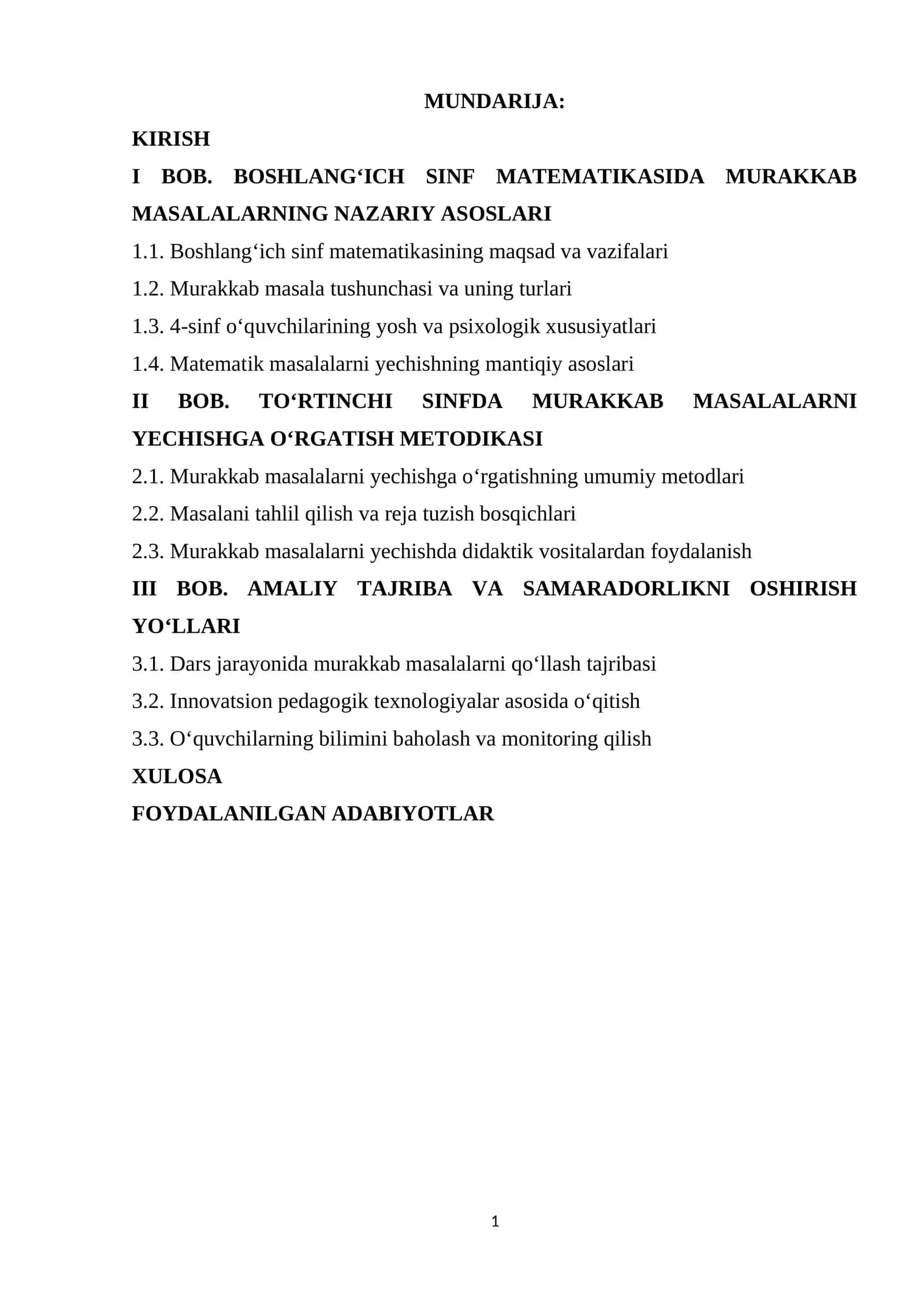 To'rtinchi sinfda matematikadan murakkab masala va ularni yechishga o'rgatish metodikasi
