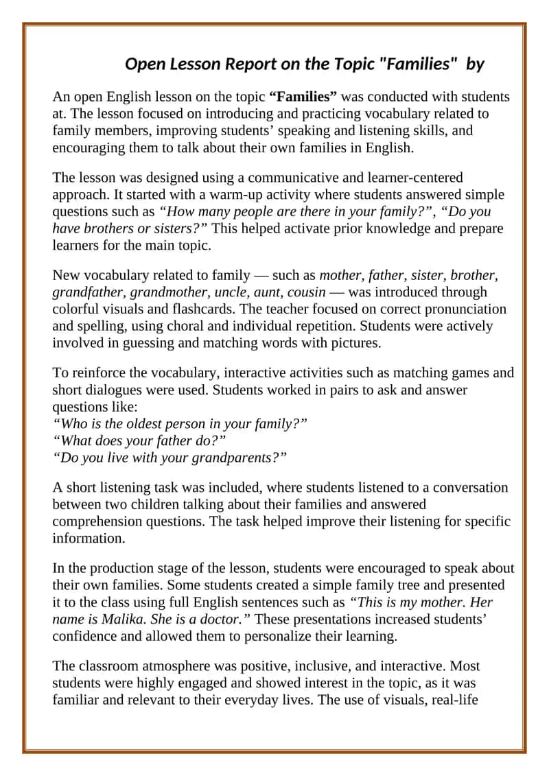 Open Lesson Report on the Topic "Families"