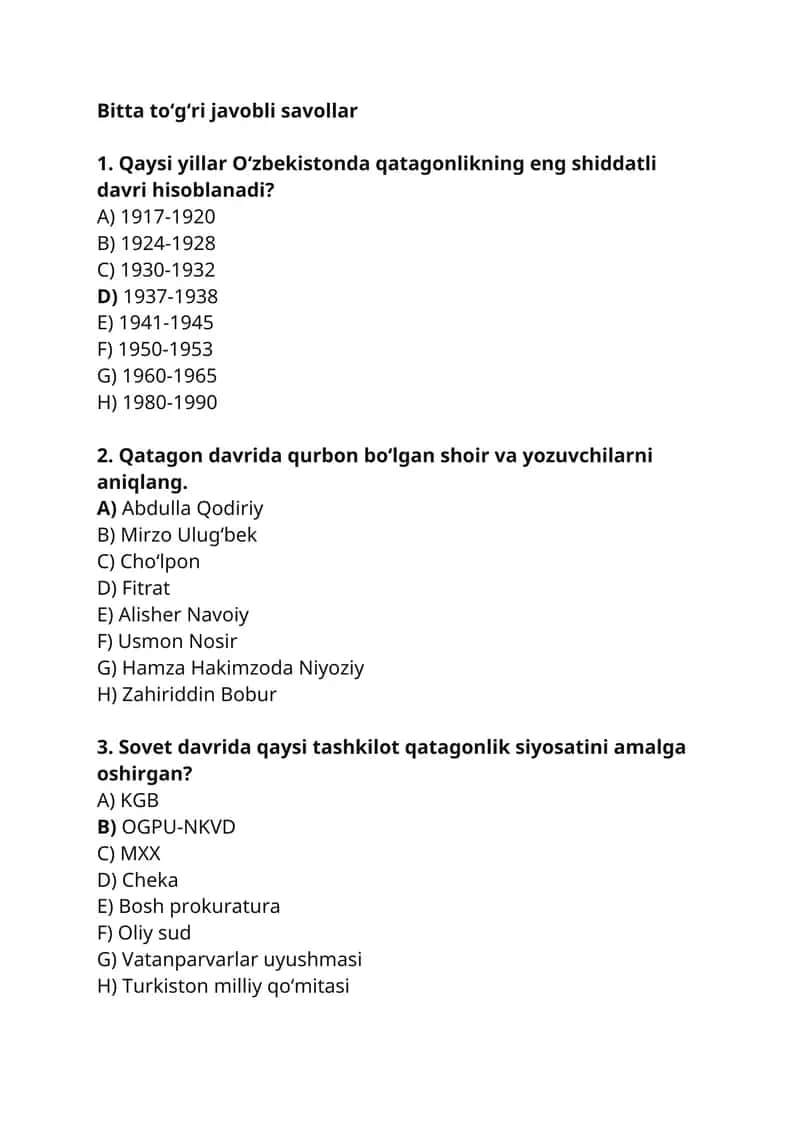 OʻZBEKISTONDA QATAGʻONLIK. TEST JAVOBI BILAN