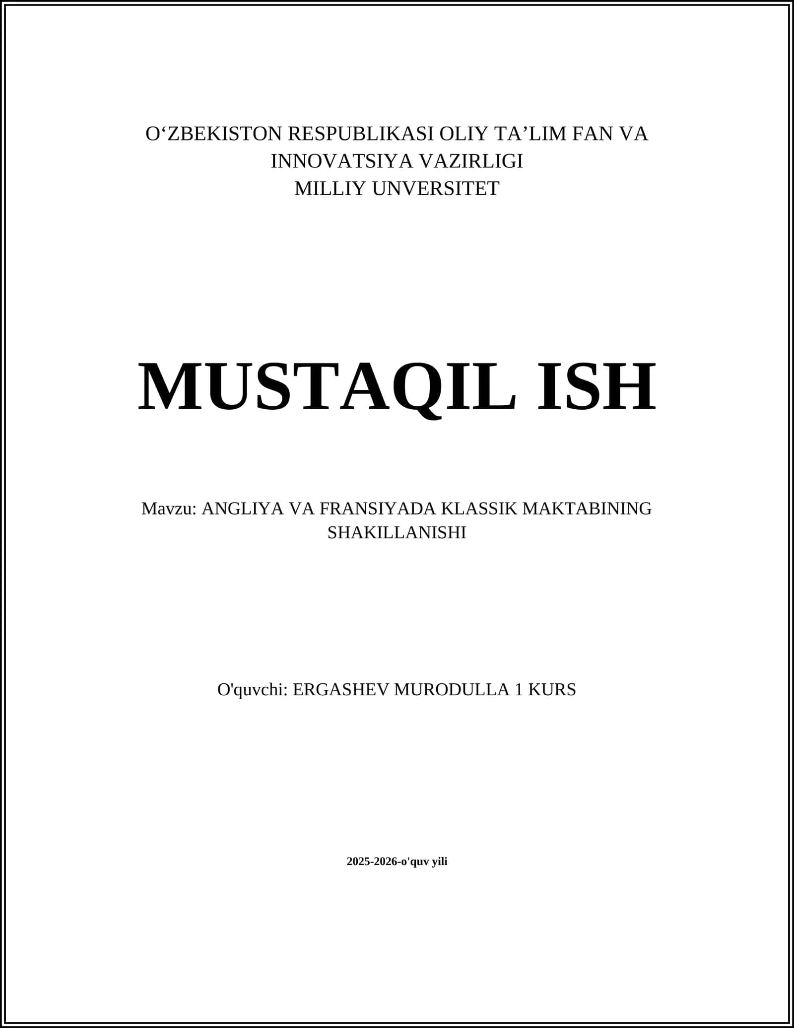 ANGLIYA VA FRANSIYADA KLASSIK MAKTABINING SHAKILLANISHI