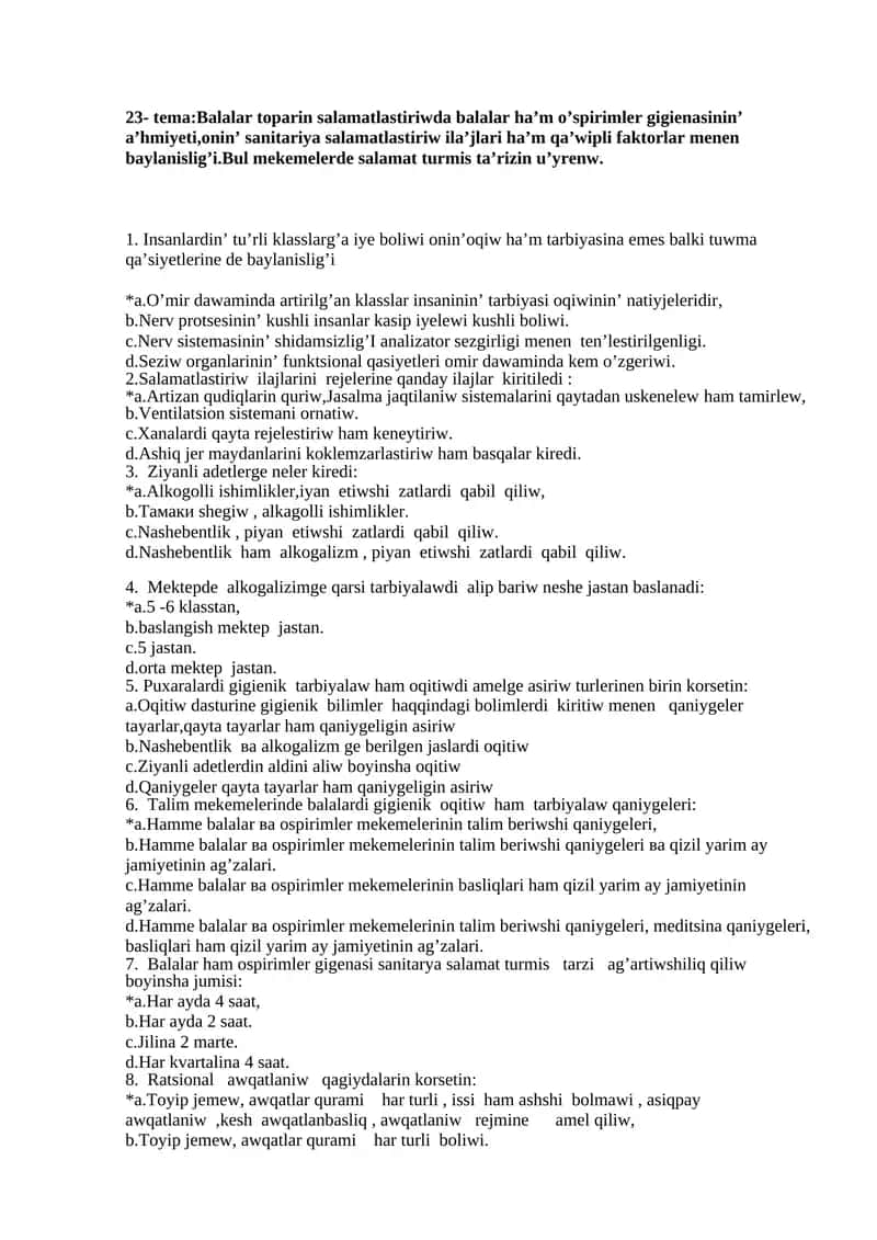 Salamatlastiriwda balalar ha’m o’spirimler gigienasi onin’ sanitariya salamatlastiriw ila’jlari va qa’wipli faktorlariga salamat turmis ta’riz