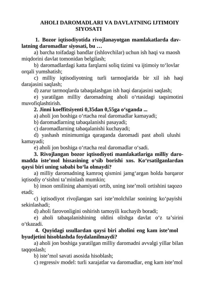 AHOLI DAROMADLARI VA DAVLATNING IJTIMOIY SIYOSATI