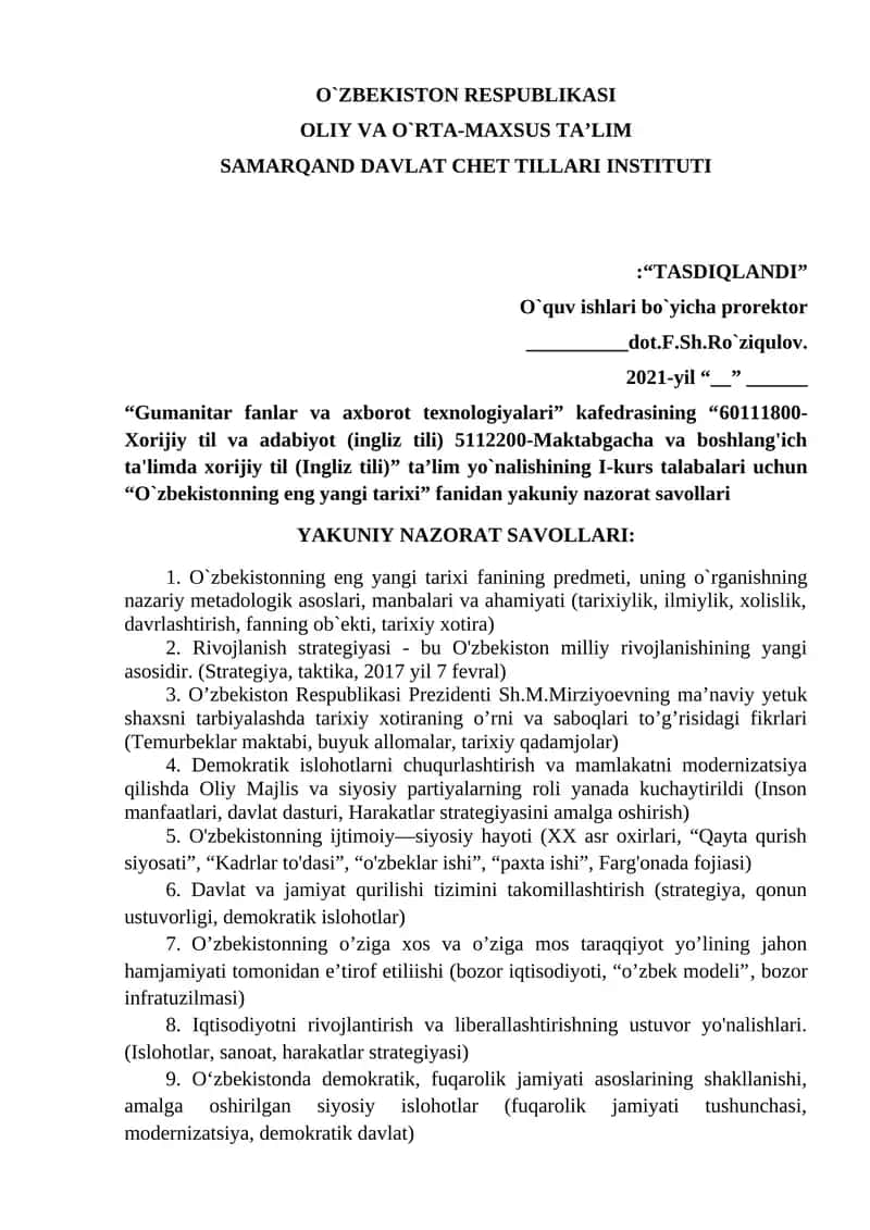 O`zbekistonning eng yangi tarixi fanidan yakuniy nazorat savollari