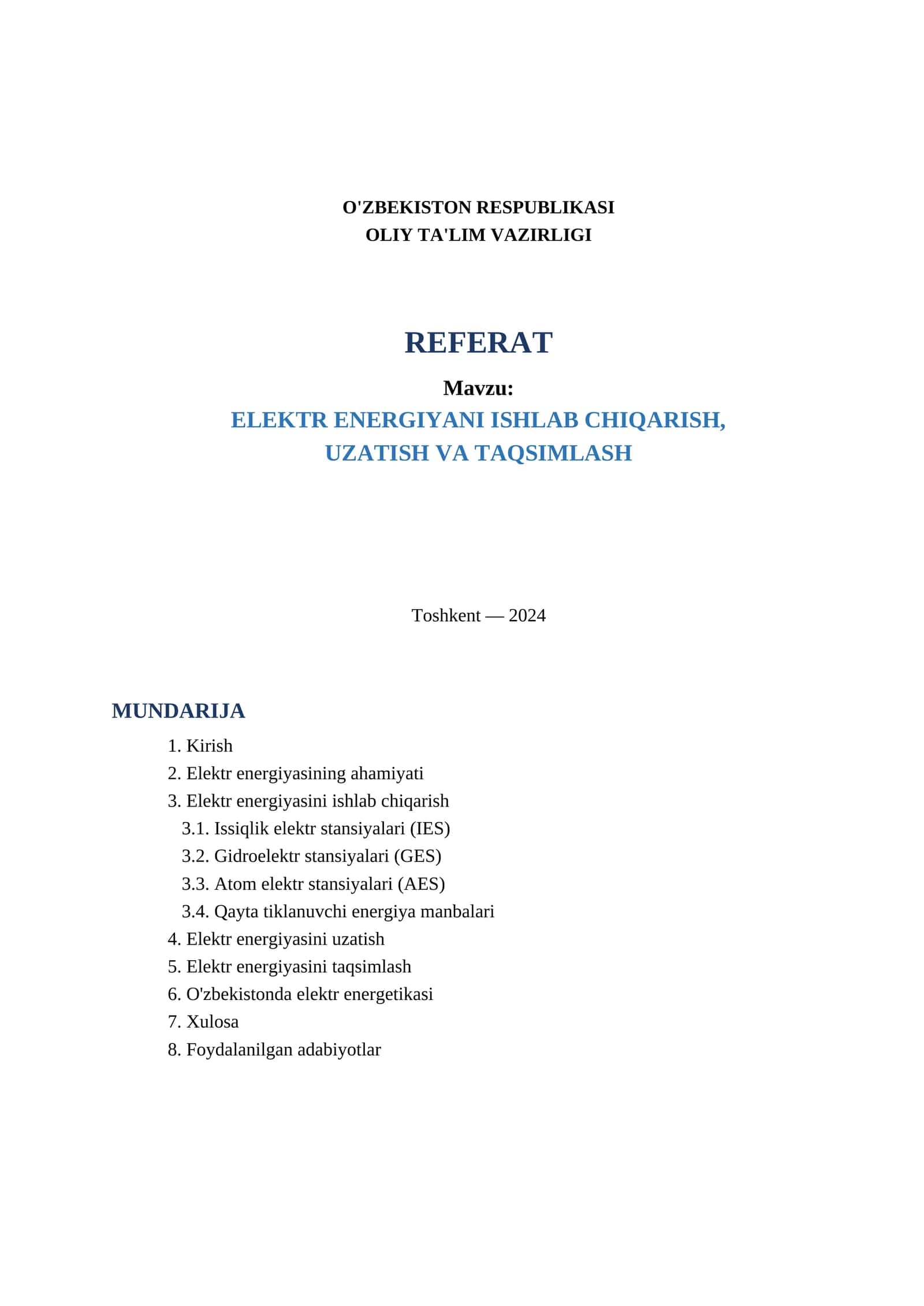 ELEKTR ENERGIYANI ISHLAB CHIQARISH, UZATISH VA TAQSIMLASH