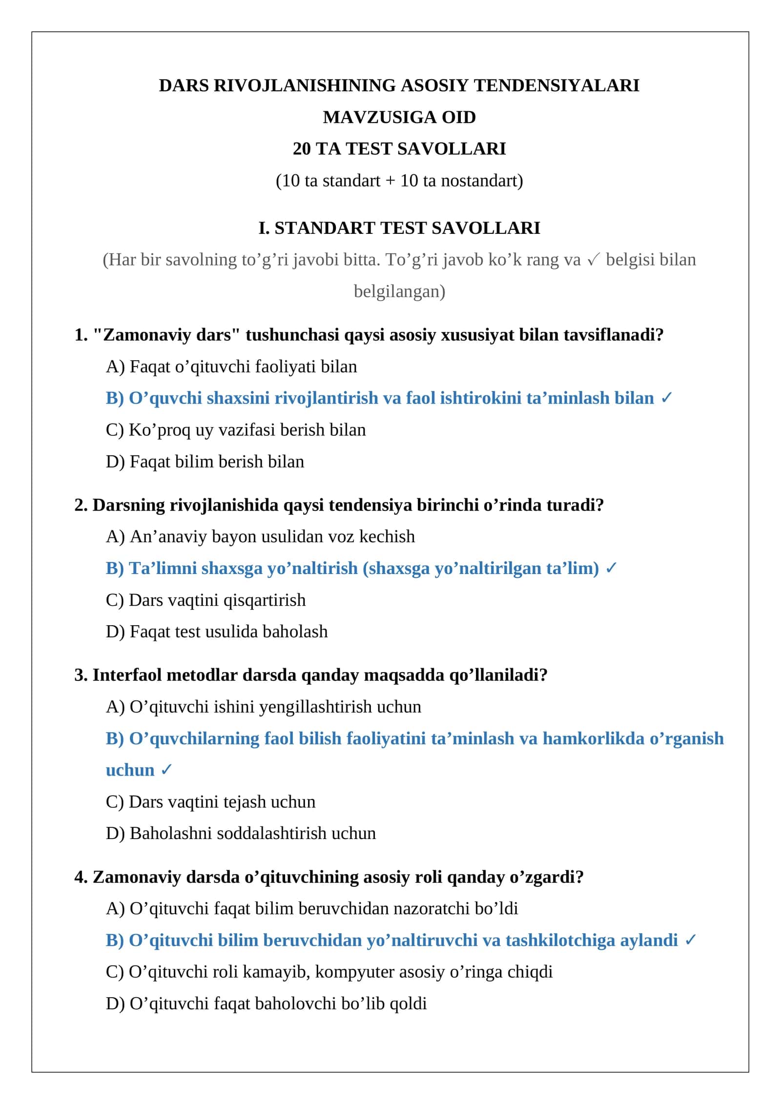 DARS RIVOJLANISHINING ASOSIY TENDENSIYALARI 20 TA TEST SAVOLLARI