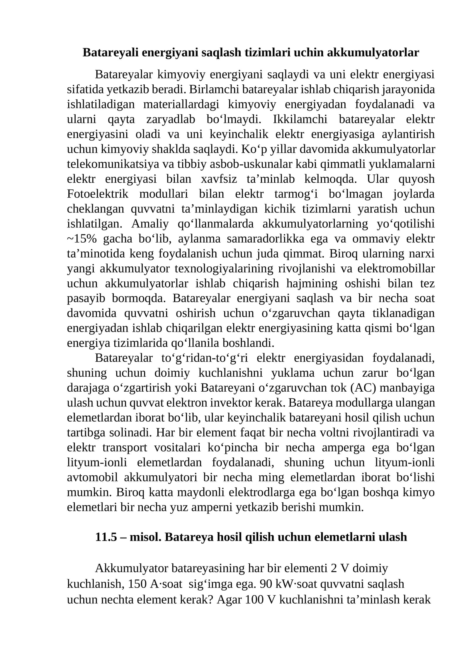 Batareyali energiyani saqlash tizimlari uchin akkumulyatorlar