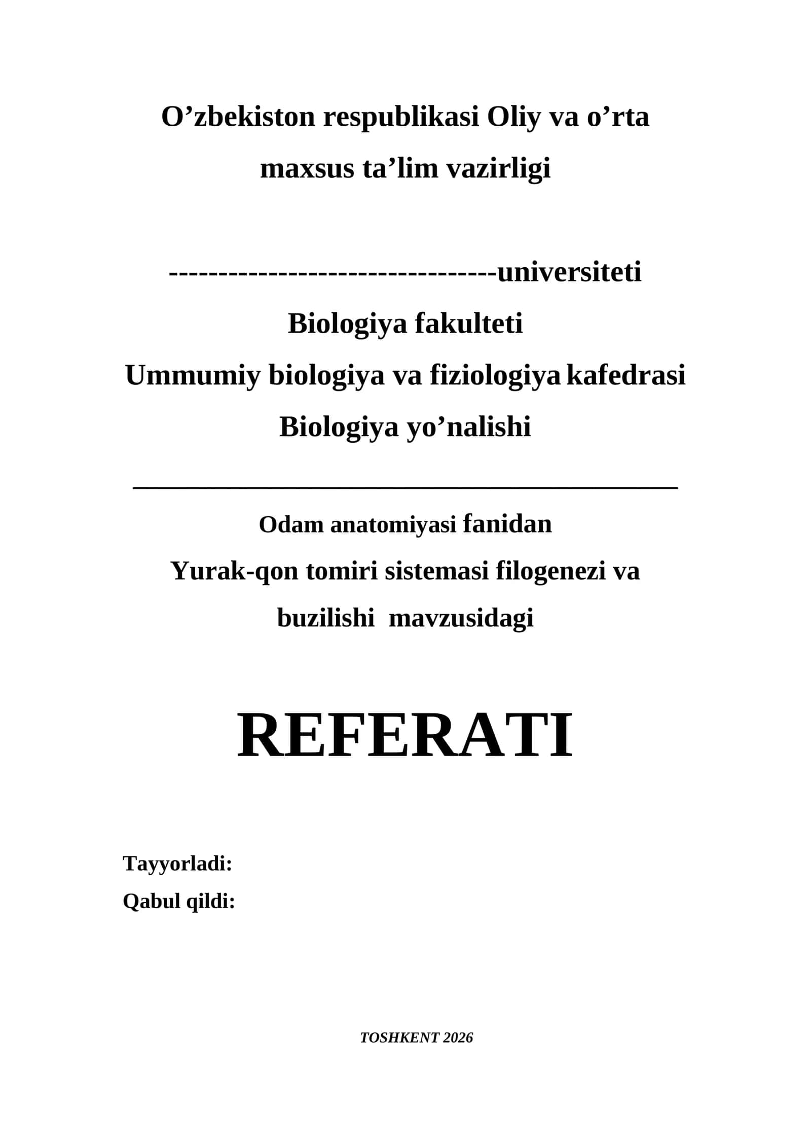 Yurak-qon tomiri sistemasi filogenezi va buzilishi REFERAT 2026