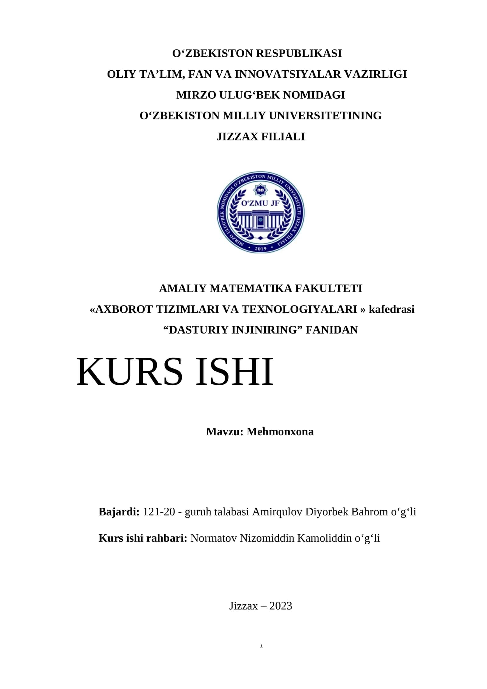 DASTURIY INJINIRING FANIDAN KURS ISHI