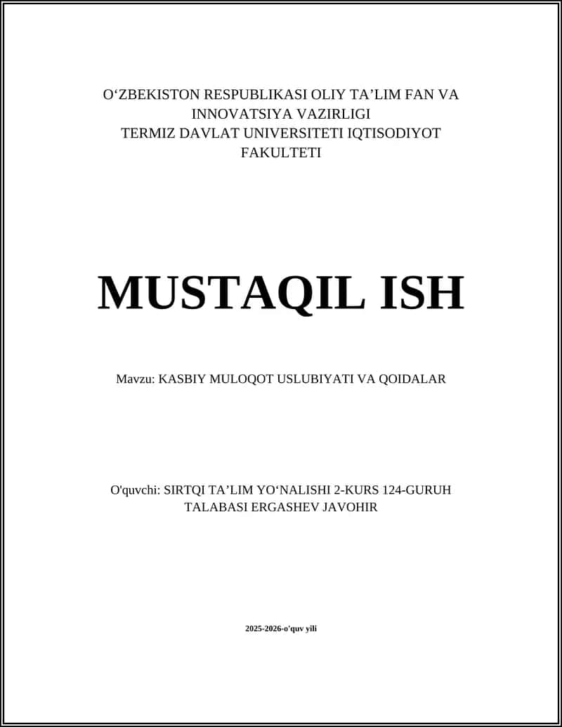 KASBIY MULOQOT USLUBIYATI VA QOIDALAR