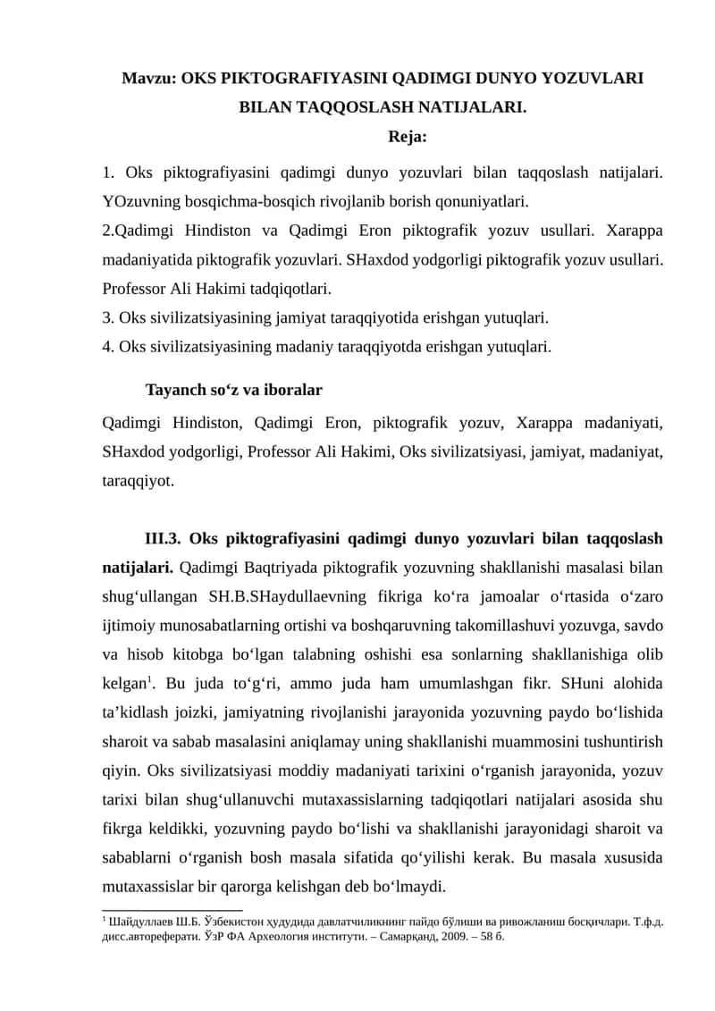 OKS PIKTOGRAFIYASINI QADIMGI DUNYO YOZUVLARI BILAN TAQQOSLASH NATIJALARI.