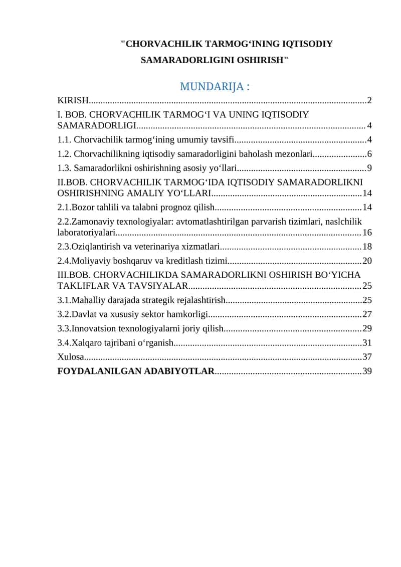 CHORVACHILIK TARMOG‘INING IQTISODIY SAMARADORLIGINI OSHIRISH