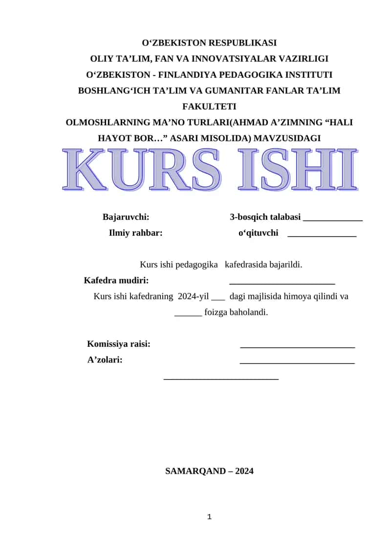 OLMOSHLARNING MA’NO TURLARI(AHMAD A’ZIMNING “HALI HAYOT BOR…” ASARI MISOLIDA) MAVZUSI