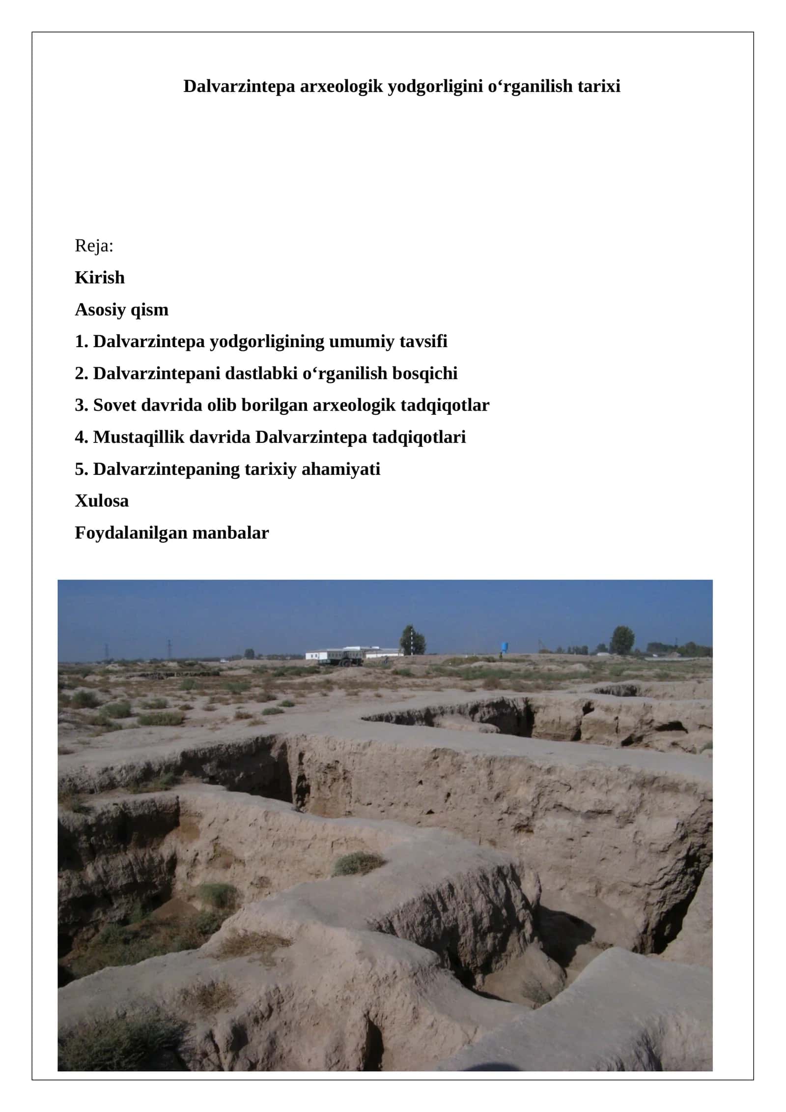 Dalvarzintepa arxeologik yodgorligini o‘rganilish tarixi