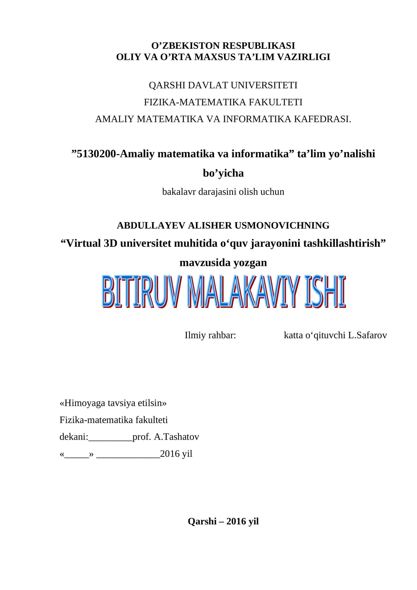 Virtual 3D universitet muhitida oʻquv jarayonini tashkillashtirish