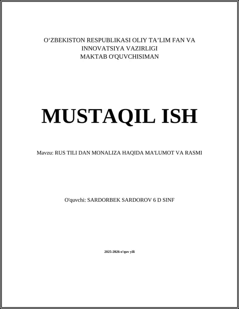 RUS TILI DAN MONALIZA HAQIDA MA'LUMOT VA RASMI
