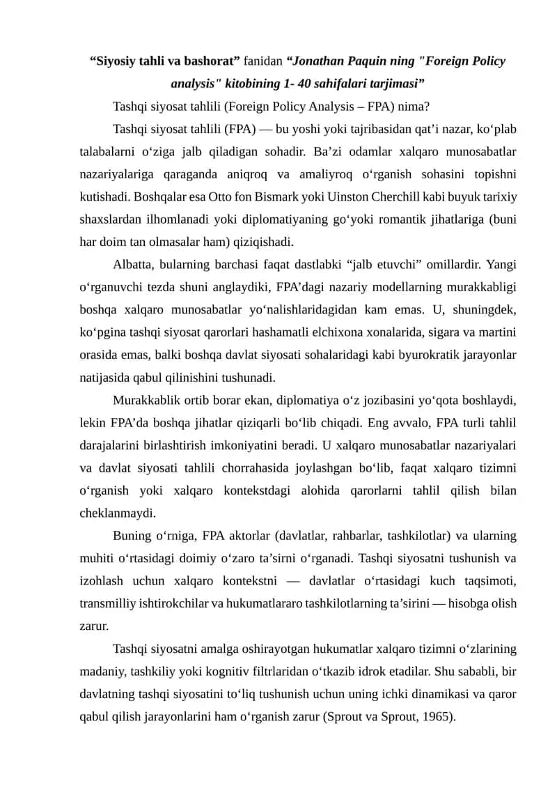 Jonathan Paquin ning Foreign Policy analysis kitobining 1- 40 sahifalari tarjimasi