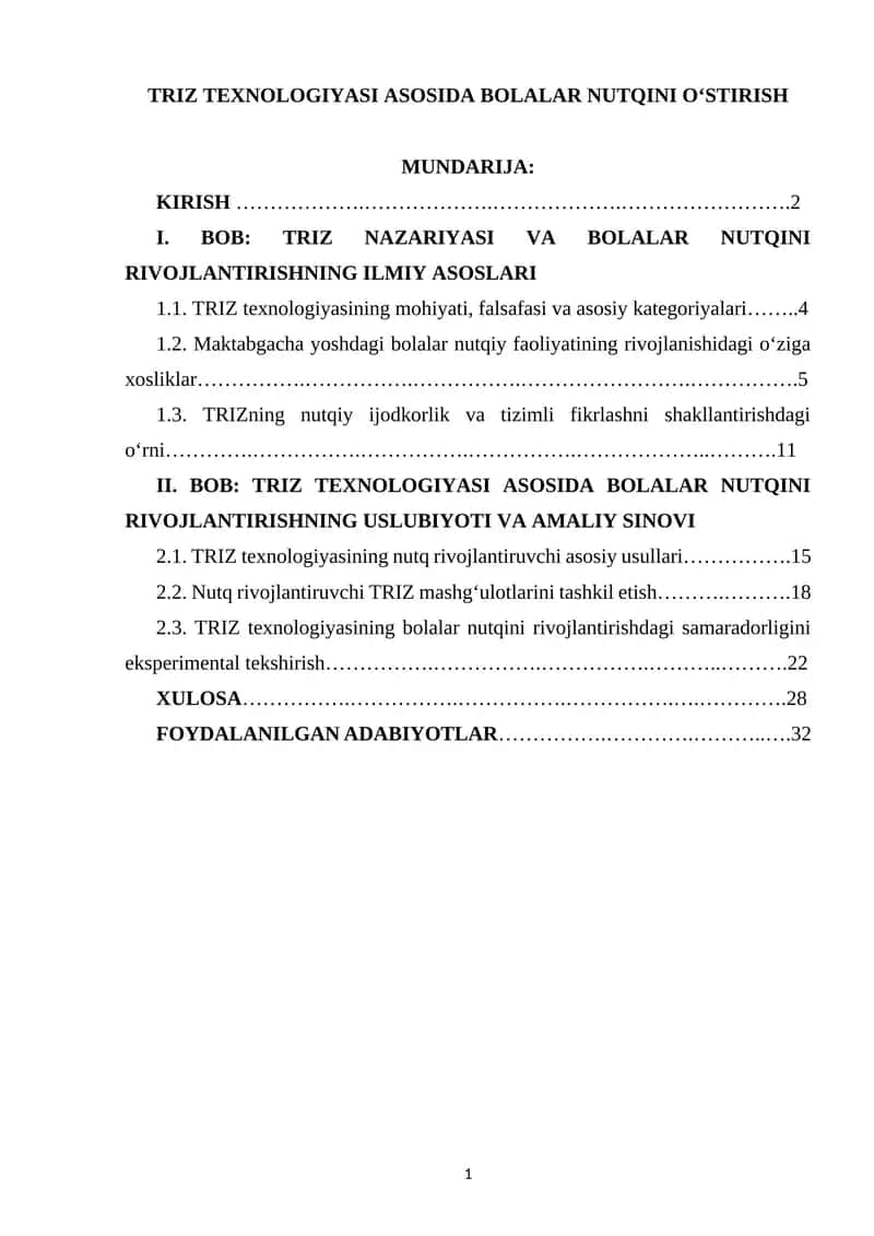 TRIZ TEXNOLOGIYASI ASOSIDA BOLALAR NUTQINI O‘STIRISH