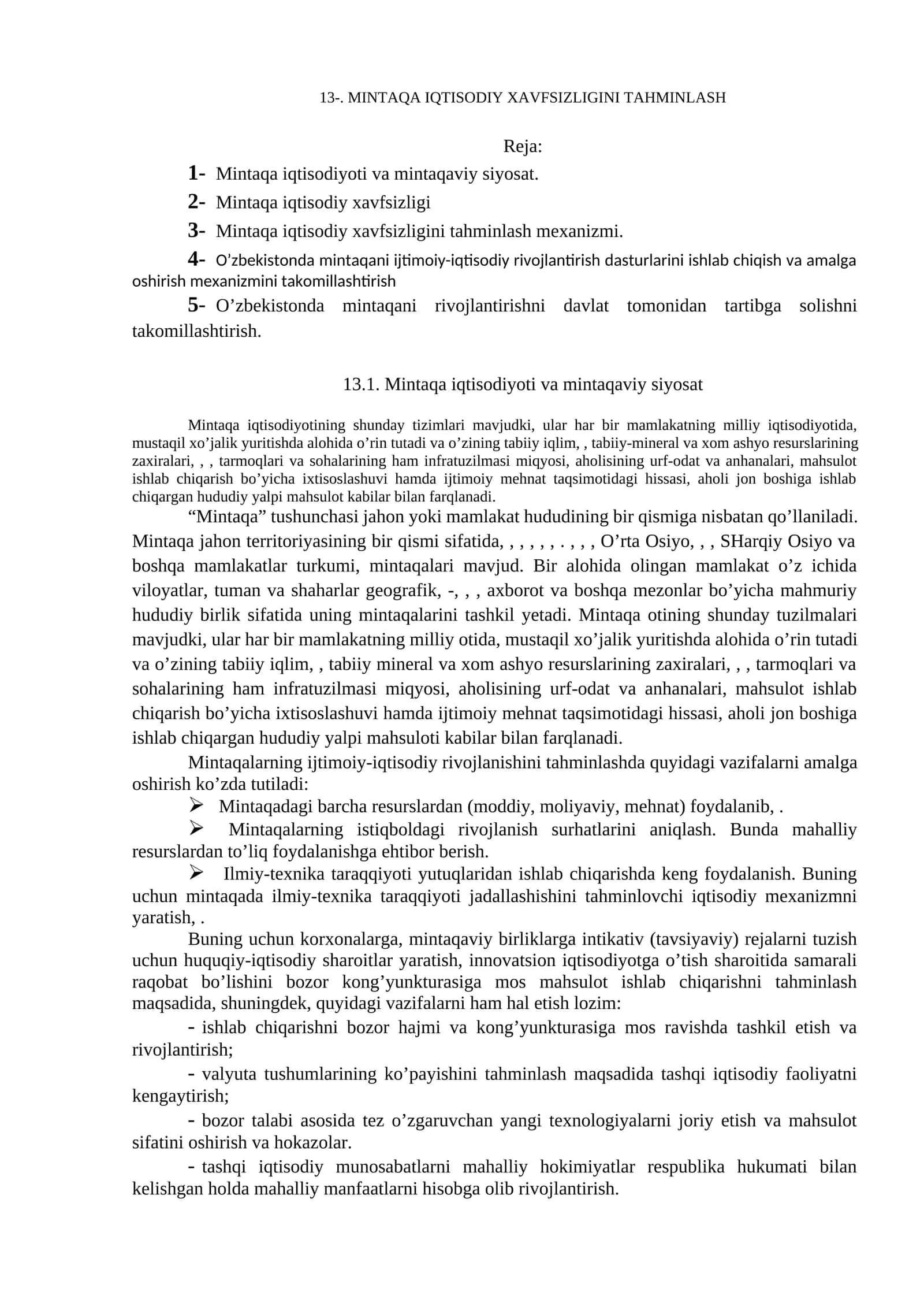 MINTAQA IQTISODIY XAVFSIZLIGINI TAHMINLASH