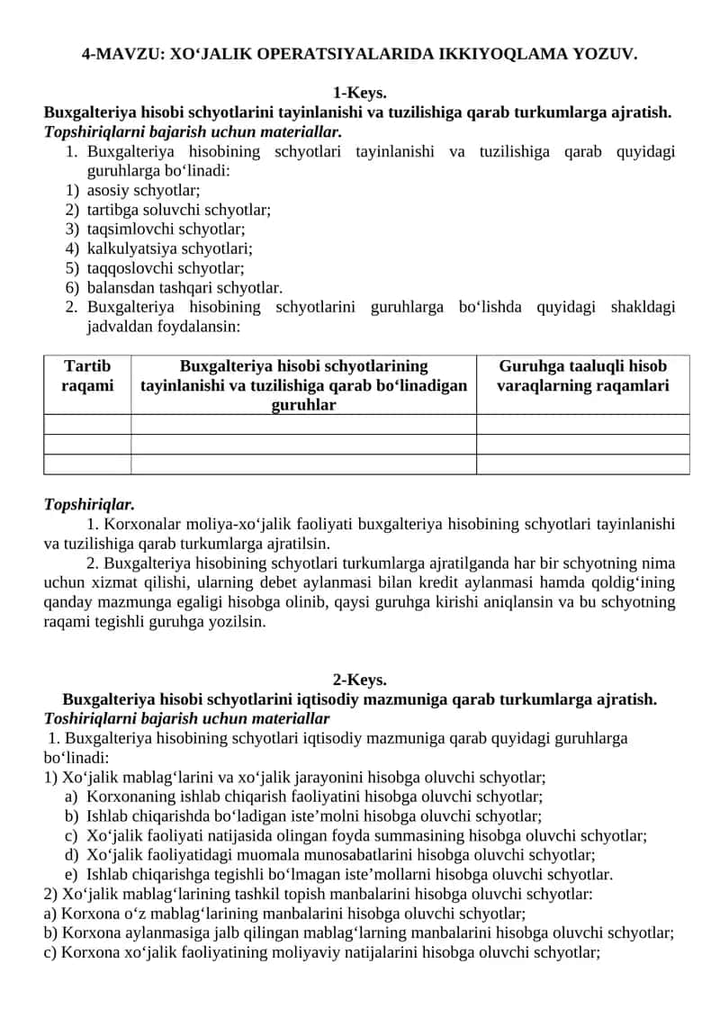 XO‘JALIK OPERATSIYALARIDA IKKIYOQLAMA YOZUV