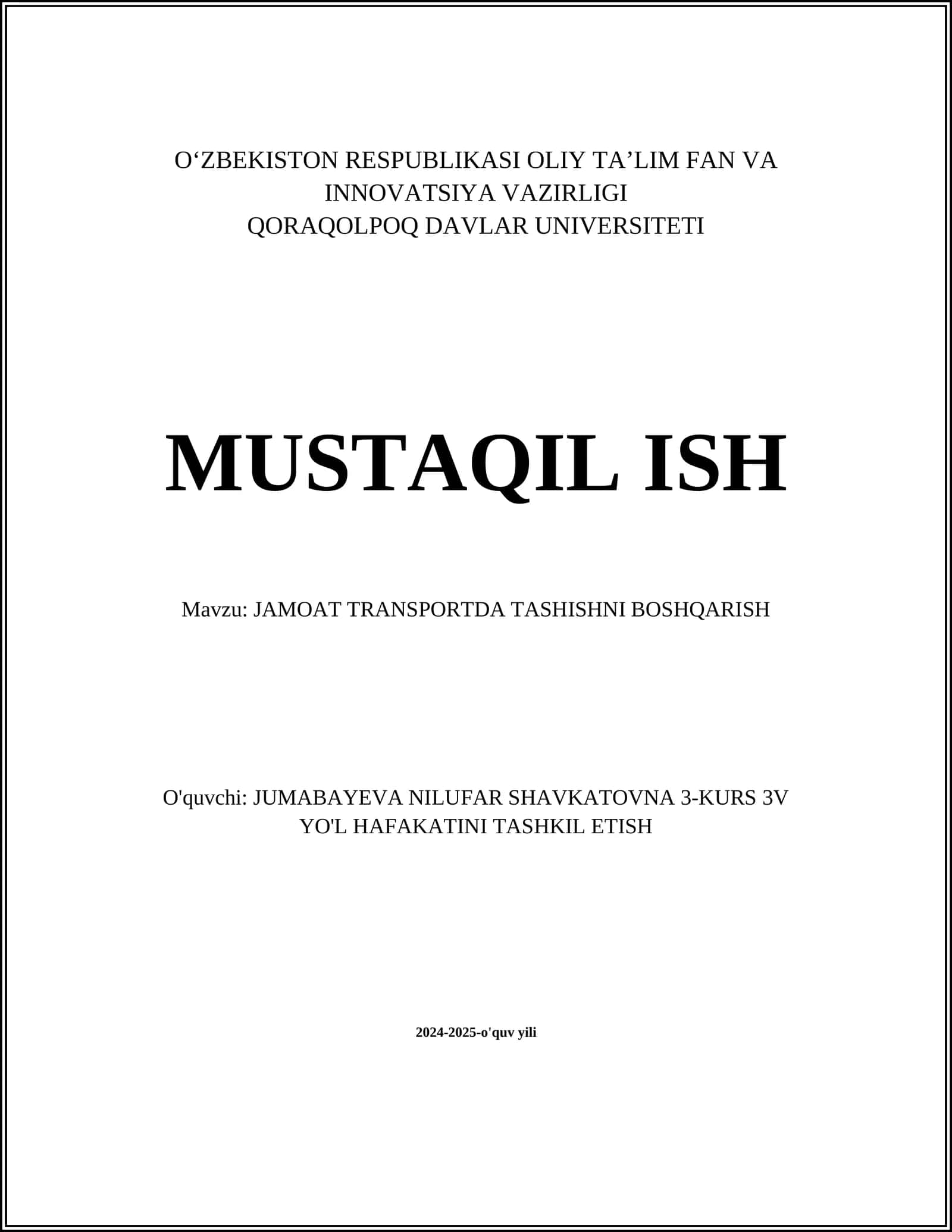 JAMOAT TRANSPORTDA TASHISHNI BOSHQARISH