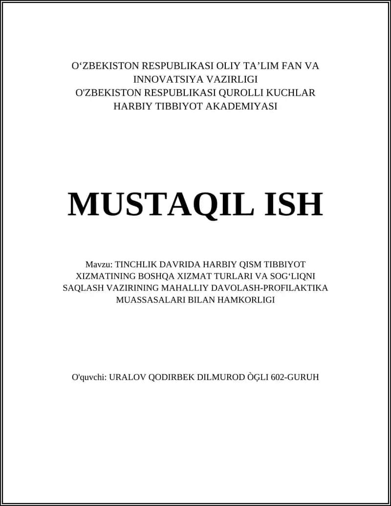 TINCHLIK DAVRIDA HARBIY QISM TIBBIYOT XIZMATINING BOSHQA XIZMAT TURLARI VA SOGʻLIQNI SAQLASH VAZIRINING MAHALLIY DAVOLASH-PROFILAKTIKA MUASSASALARI BILAN HAMKORLIGI