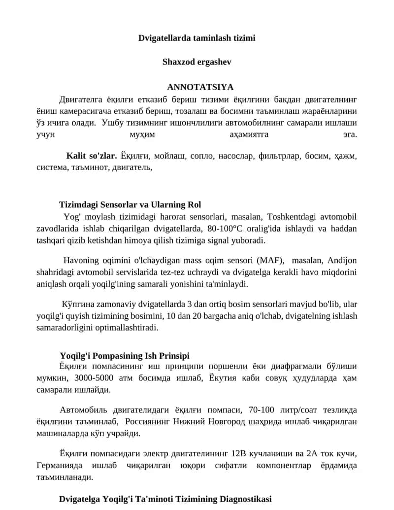 Dvigatellarda taminlash tizimi