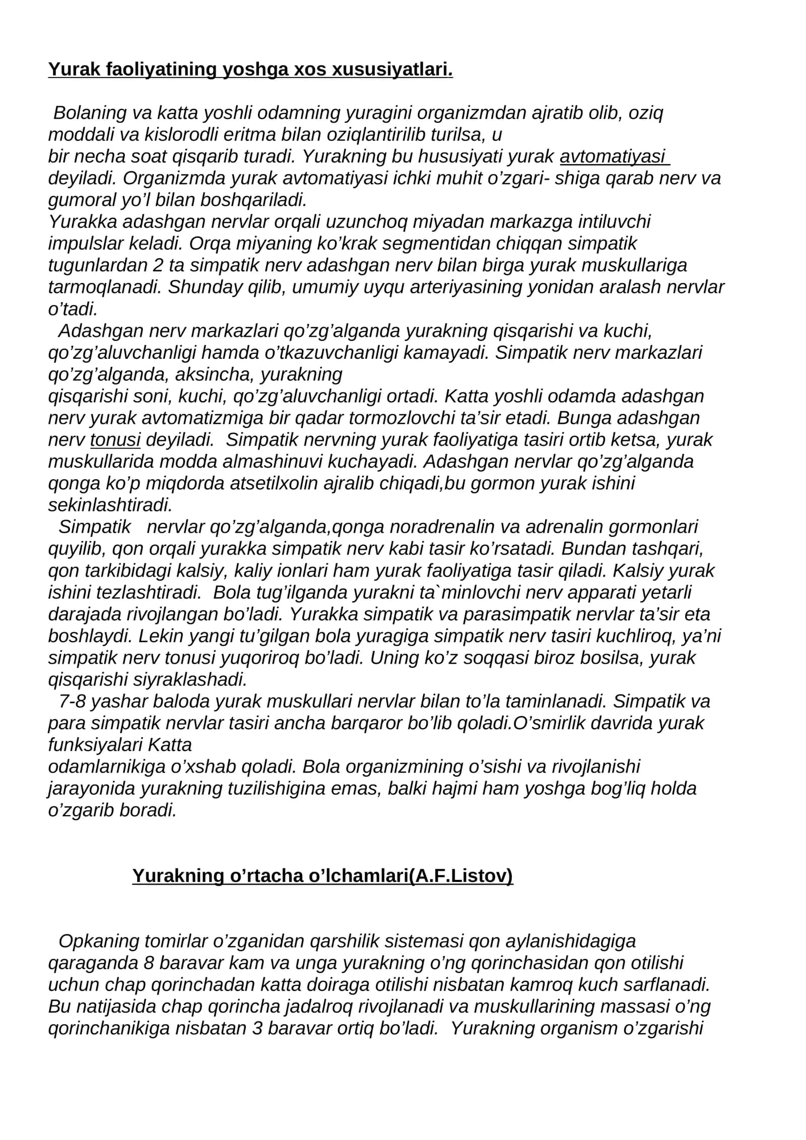Yurak faoliyatining yoshga xos xususiyatlari