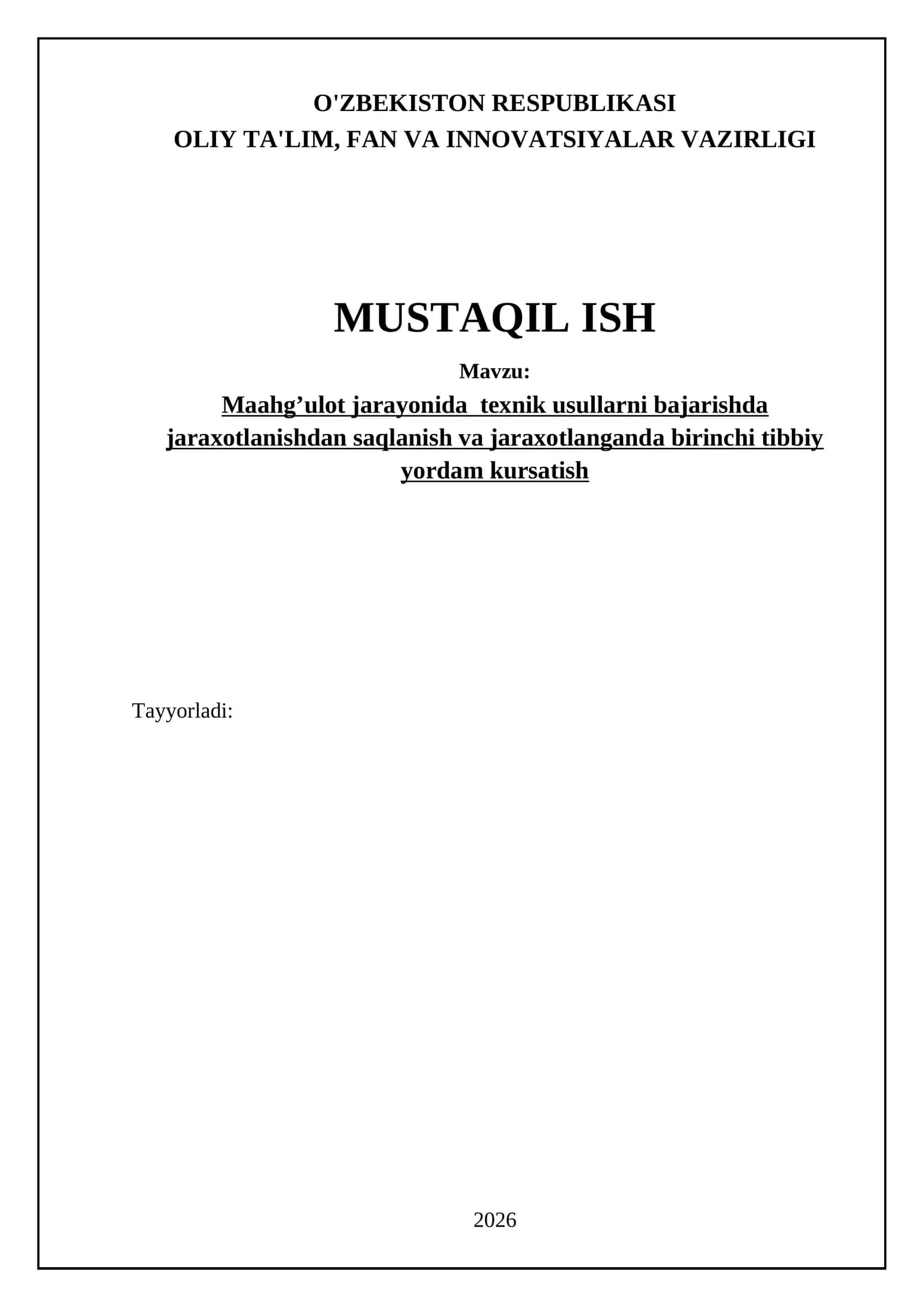 Maahg’ulot jarayonida texnik usullarni bajarishda jaraxotlanishdan saqlanish va jaraxotlanganda birinchi tibbiy yordam kursatish