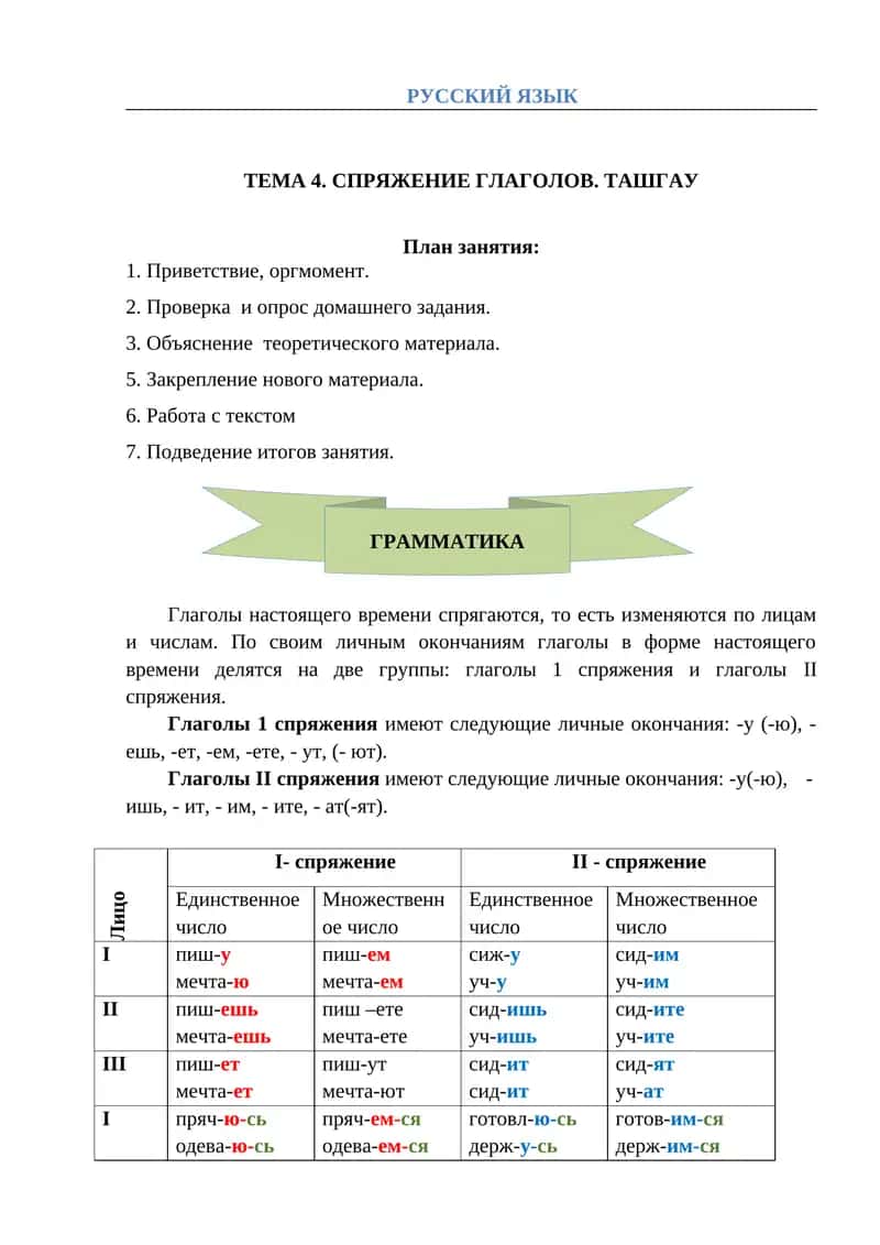 СПРЯЖЕНИЕ ГЛАГОЛОВ. ТАШГАУ
